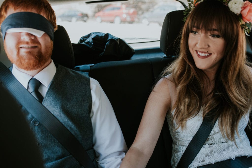 first look in car ride Estes Park Rocky Mountain Wedding Photographer