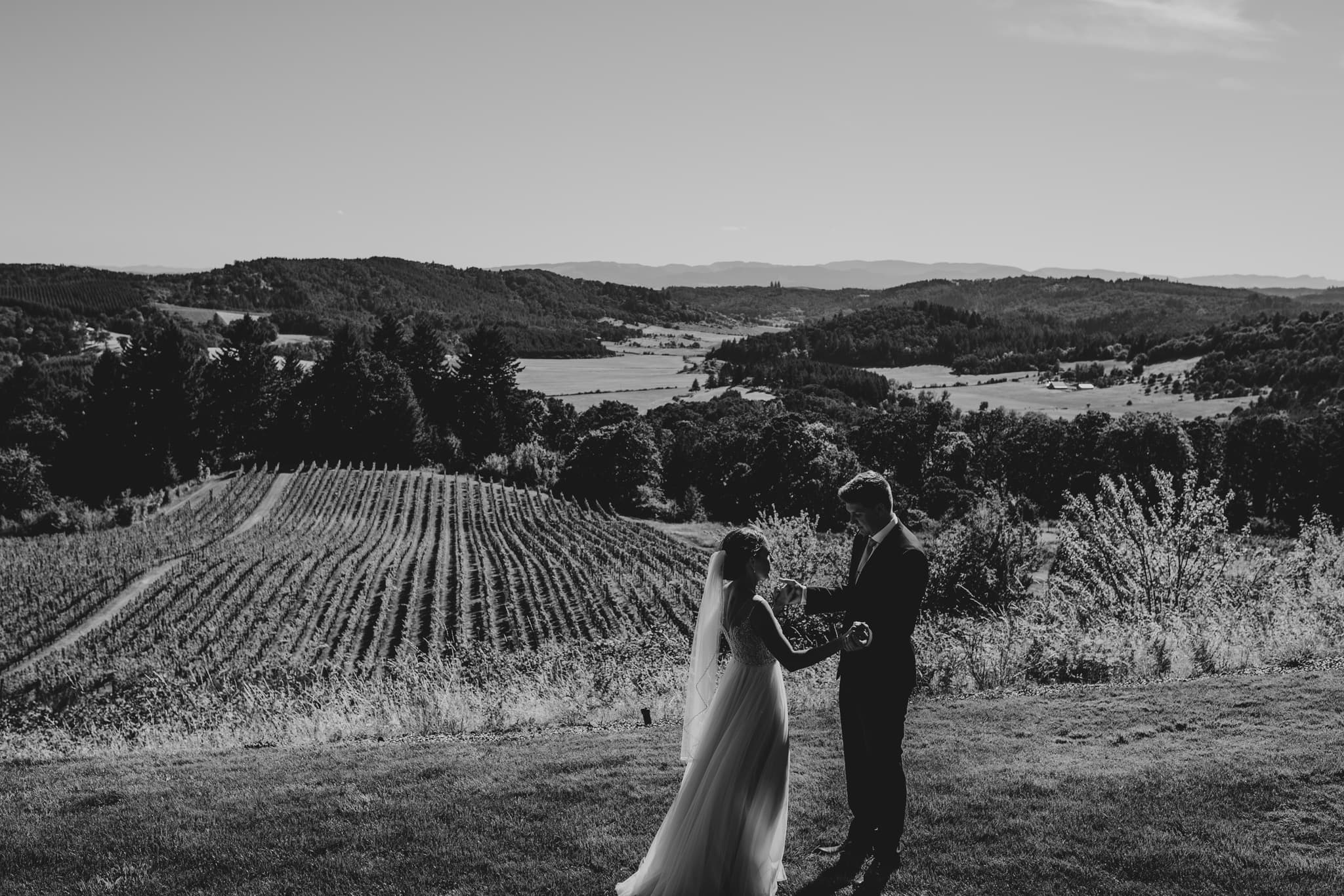 black and white first look oregon wine country Youngberg Hill Wedding Portland Wedding Photographer Marcela Pulido
