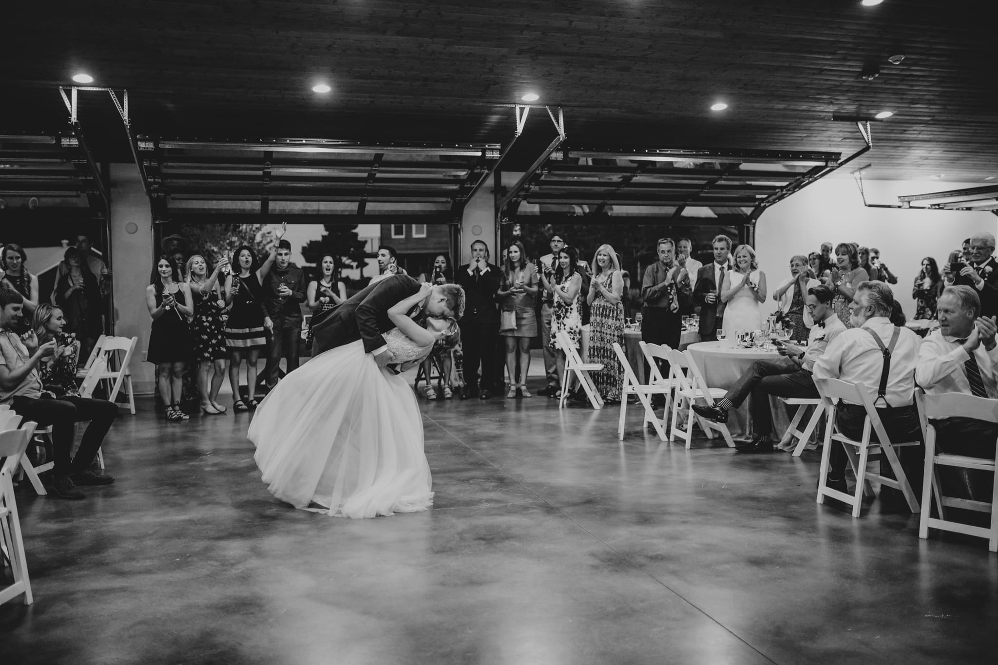 black and white dip and kiss first dance Youngberg Hill Wedding Portland Wedding Photographer Marcela Pulido