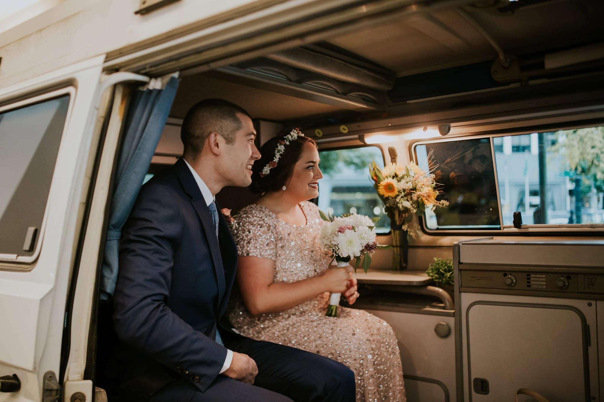 bride and groom ride to venue in VW Vanagon Kubota Garden Wedding by Marcela Pulido Photography Portland Wedding Photographer