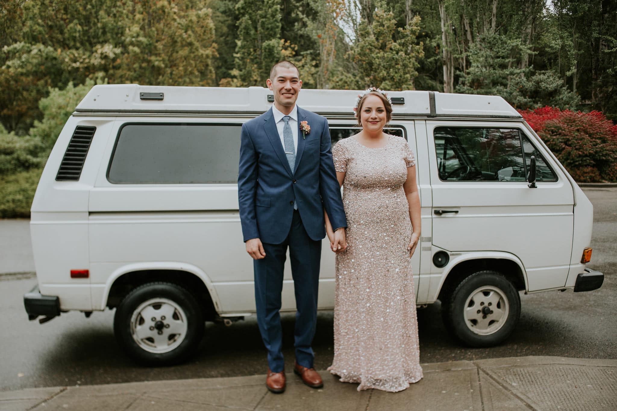 bride and groom portrait in front of white VW vanagon Kubota Garden Wedding by Marcela Pulido Photography Portland Wedding Photographer