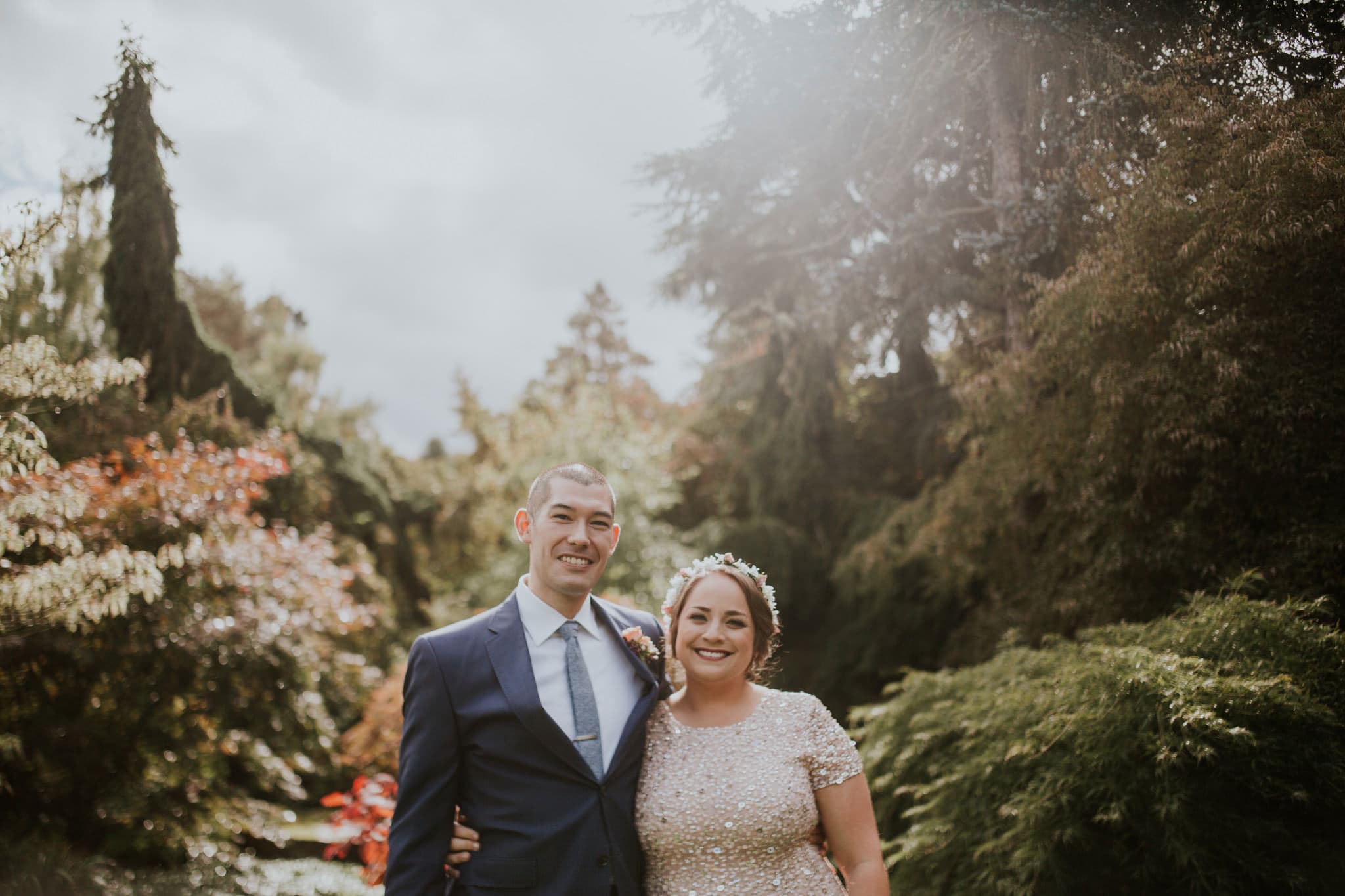 beautiful backlit garden portrait bride and groom sparkly dress Kubota Garden Wedding by Marcela Pulido Photography Portland Wedding Photographer