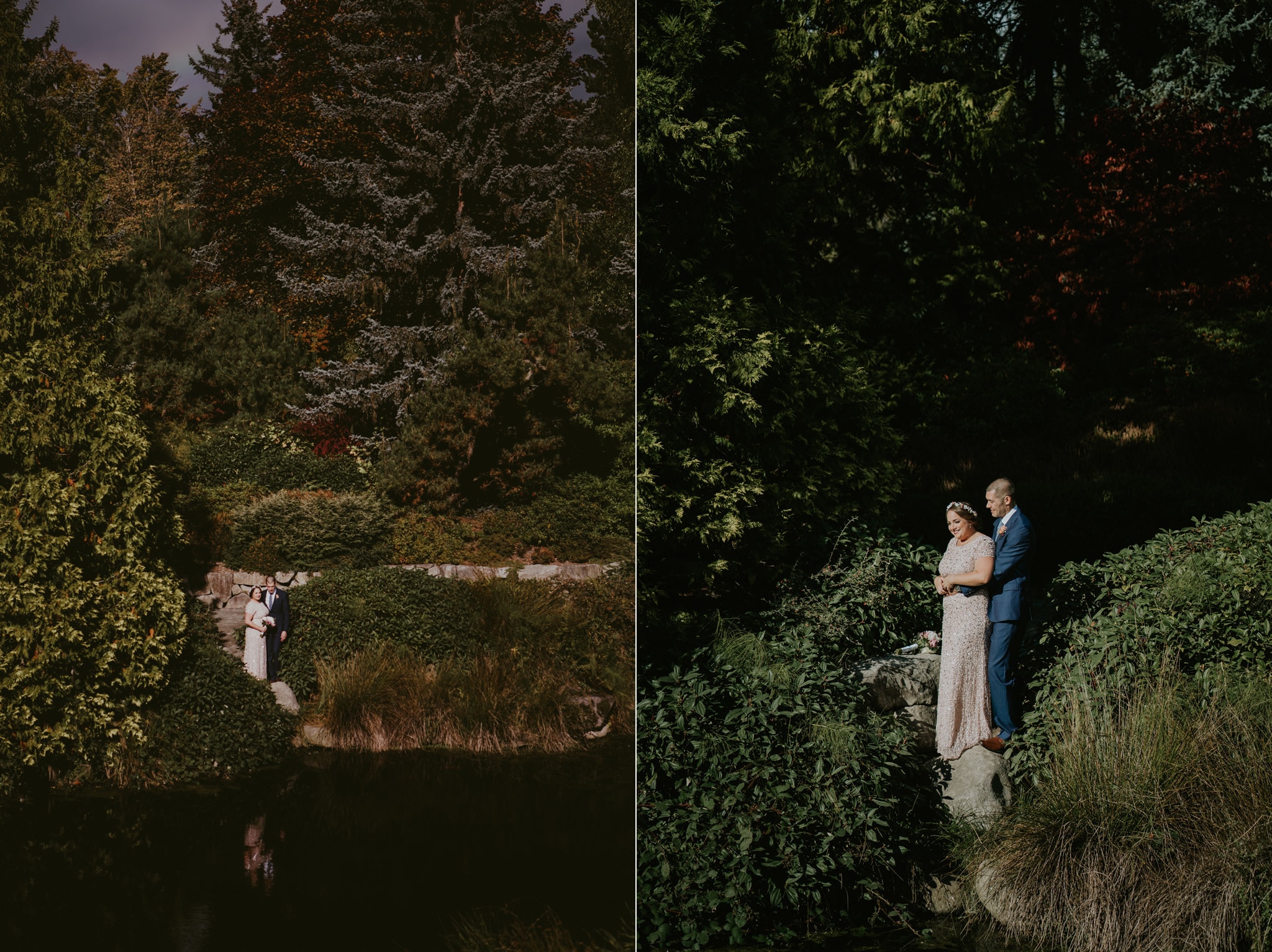 bride and groom reflection in pond Kubota Garden Wedding by Marcela Pulido Photography Portland Wedding Photographer