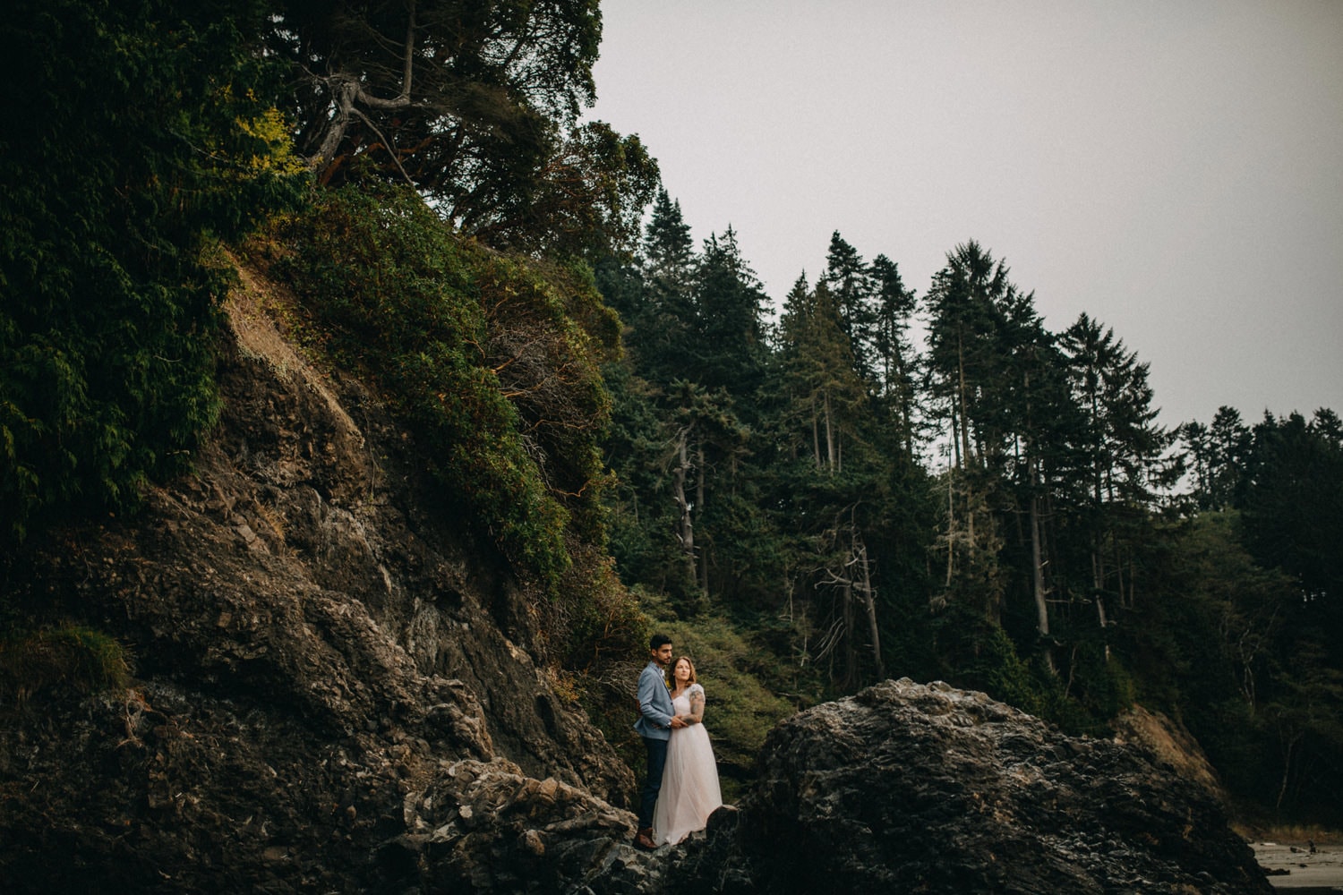 epic landscape photo of newlywed couple bride in pink wedding dress with forest in background olympic peninsula elopement by marcela pulido portland oregon wedding and elopement photographer