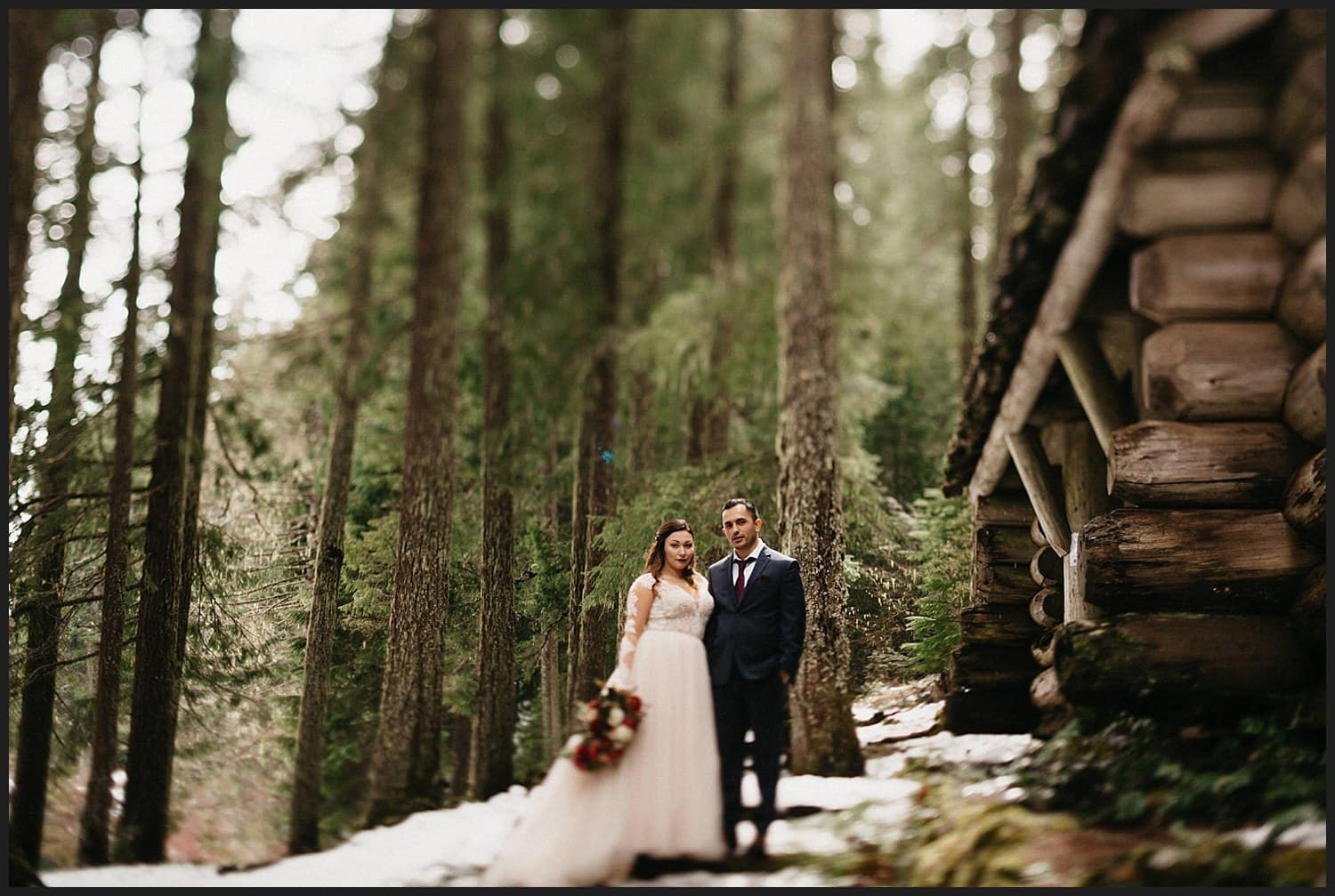 beautiful intimate forest McKenzie River wedding with autumn burgundy bouquet