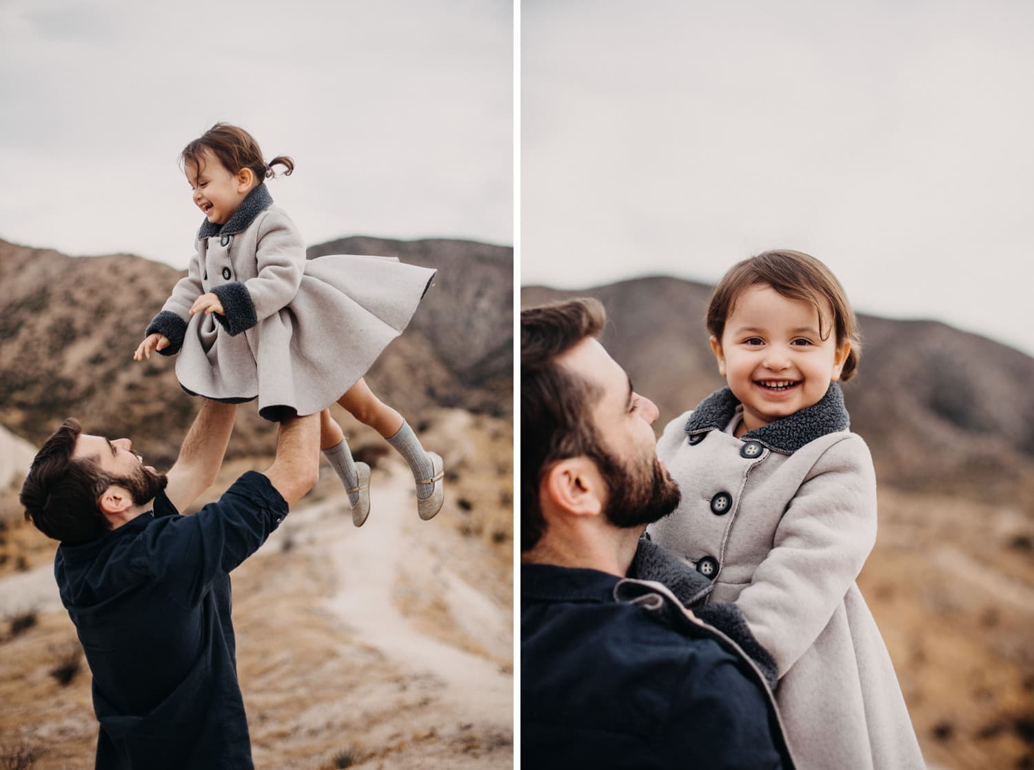 cute family dad throwing daughter into the air at san bernardino mountains mormon rocks