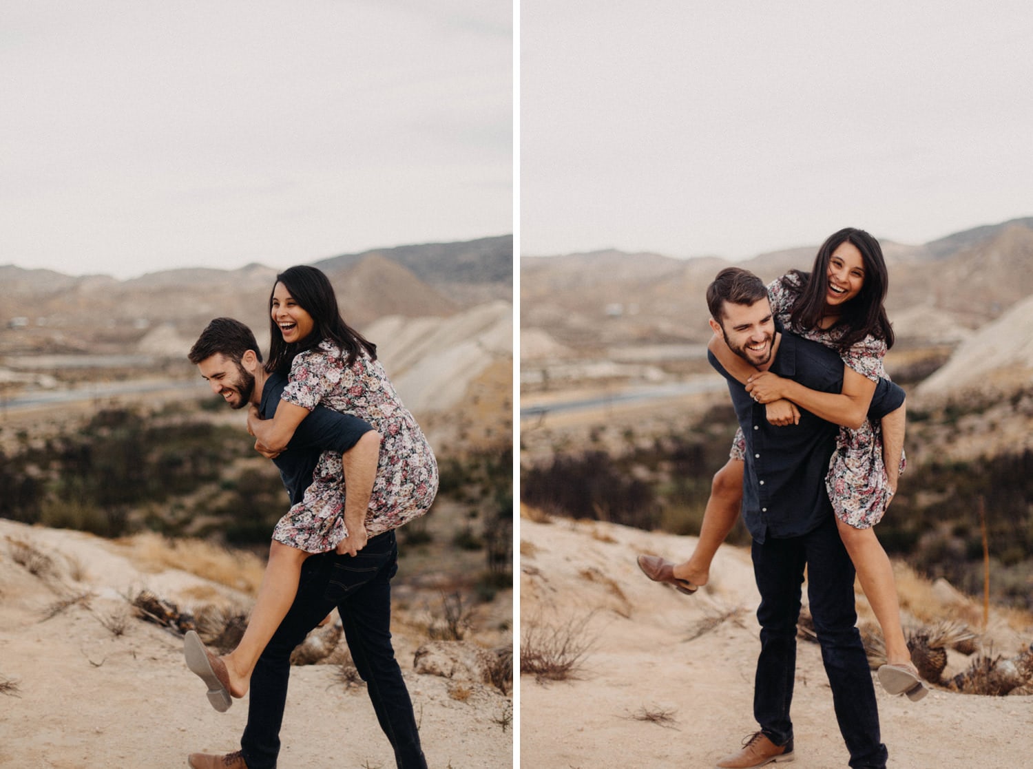 cute couple guy giving girl a piggyback ride at mormon rocks in the san bernardino mountains