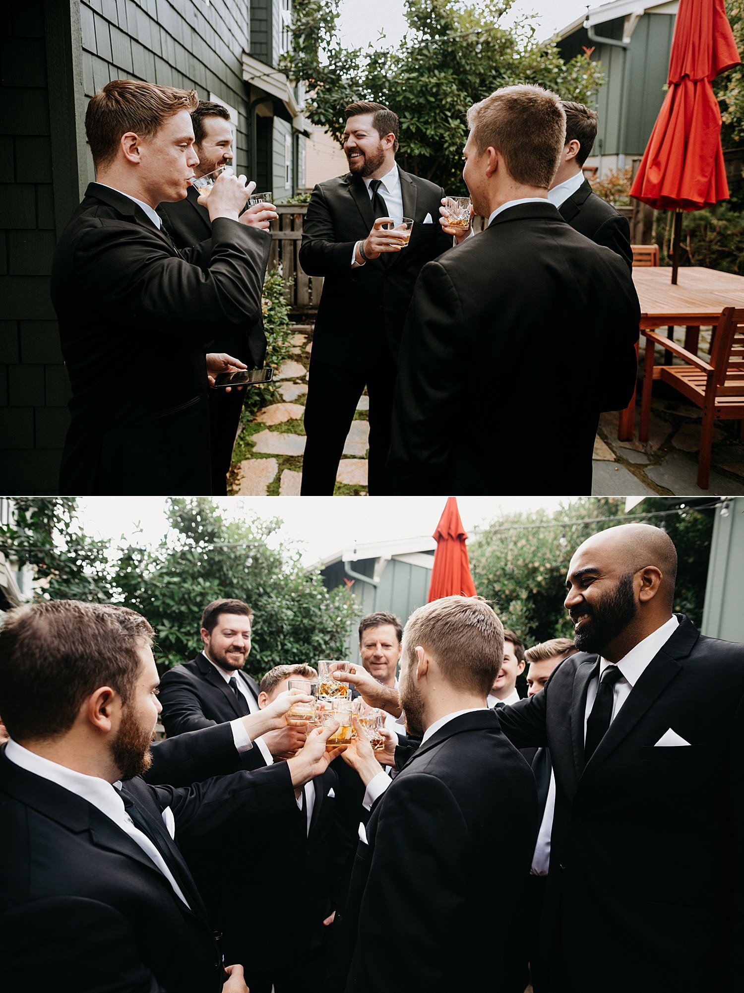 groom and groomsmen cheers with whiskey before the wedding 415 Westlake Wedding by Marcela Pulido Seattle Wedding Photography
