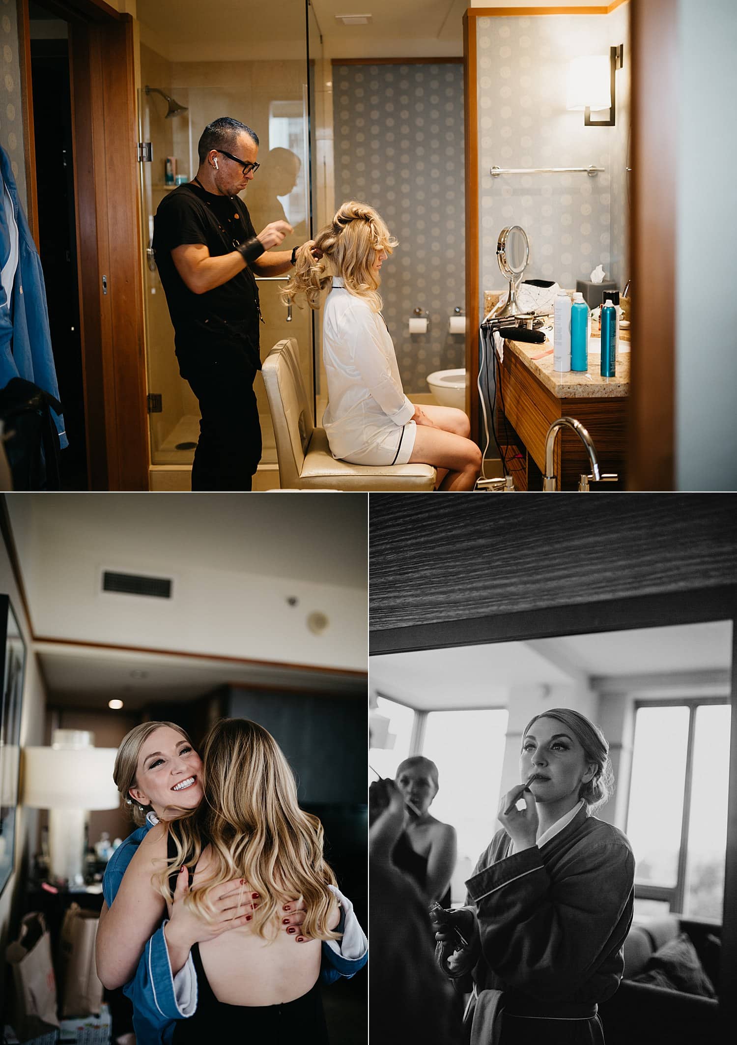 black and white portrait of bride putting on lipstick and getting ready 415 Westlake Wedding by Marcela Pulido Seattle Wedding Photography
