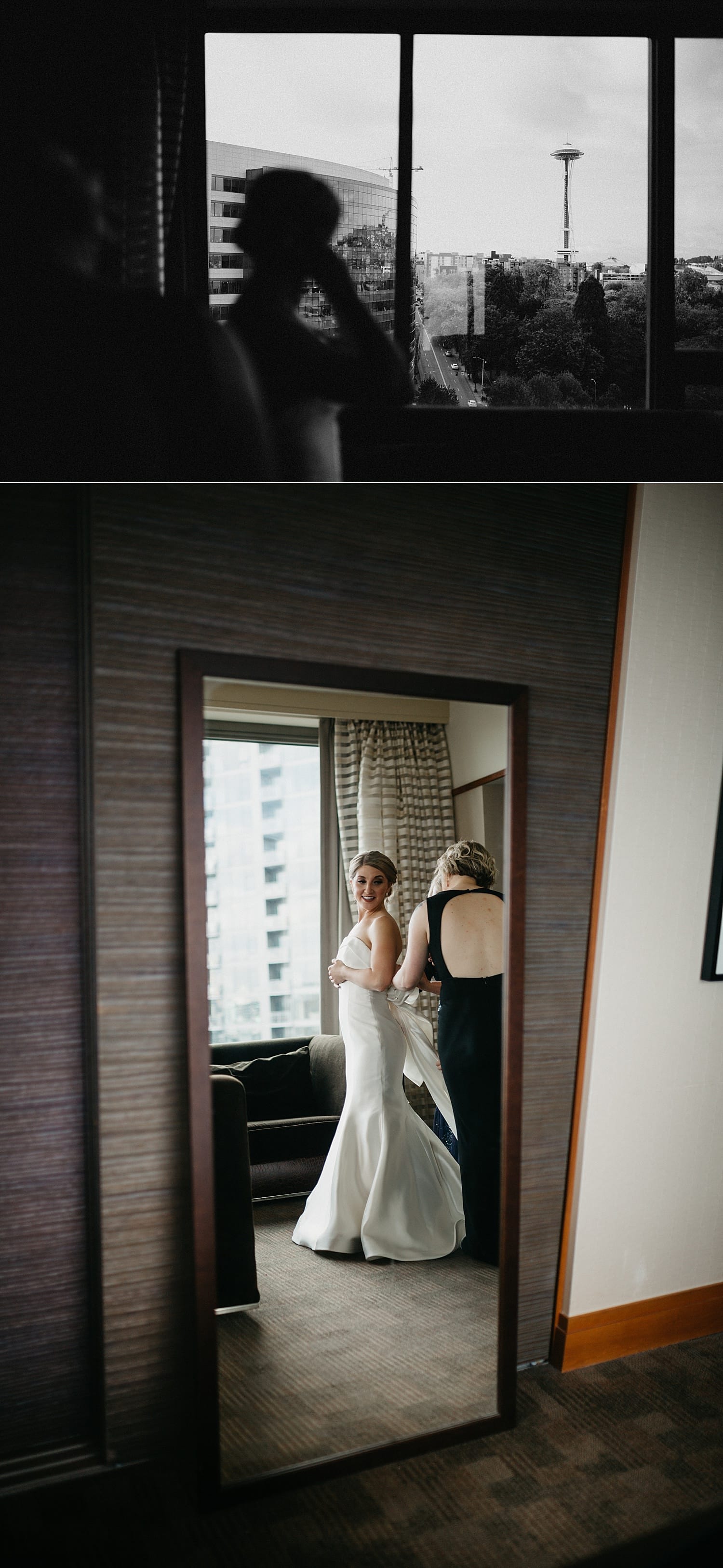 black and white portrait of bride looking out the window at the seattle skyline and looking at her reflection in the mirror 415 Westlake Wedding by Marcela Pulido Seattle Wedding Photography