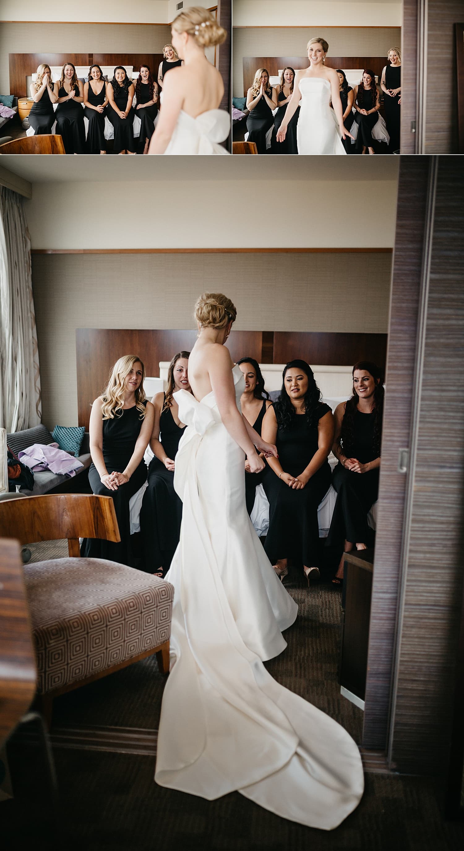 first look of the bride with her bridesmaids 415 Westlake Wedding by Marcela Pulido Seattle Wedding Photography