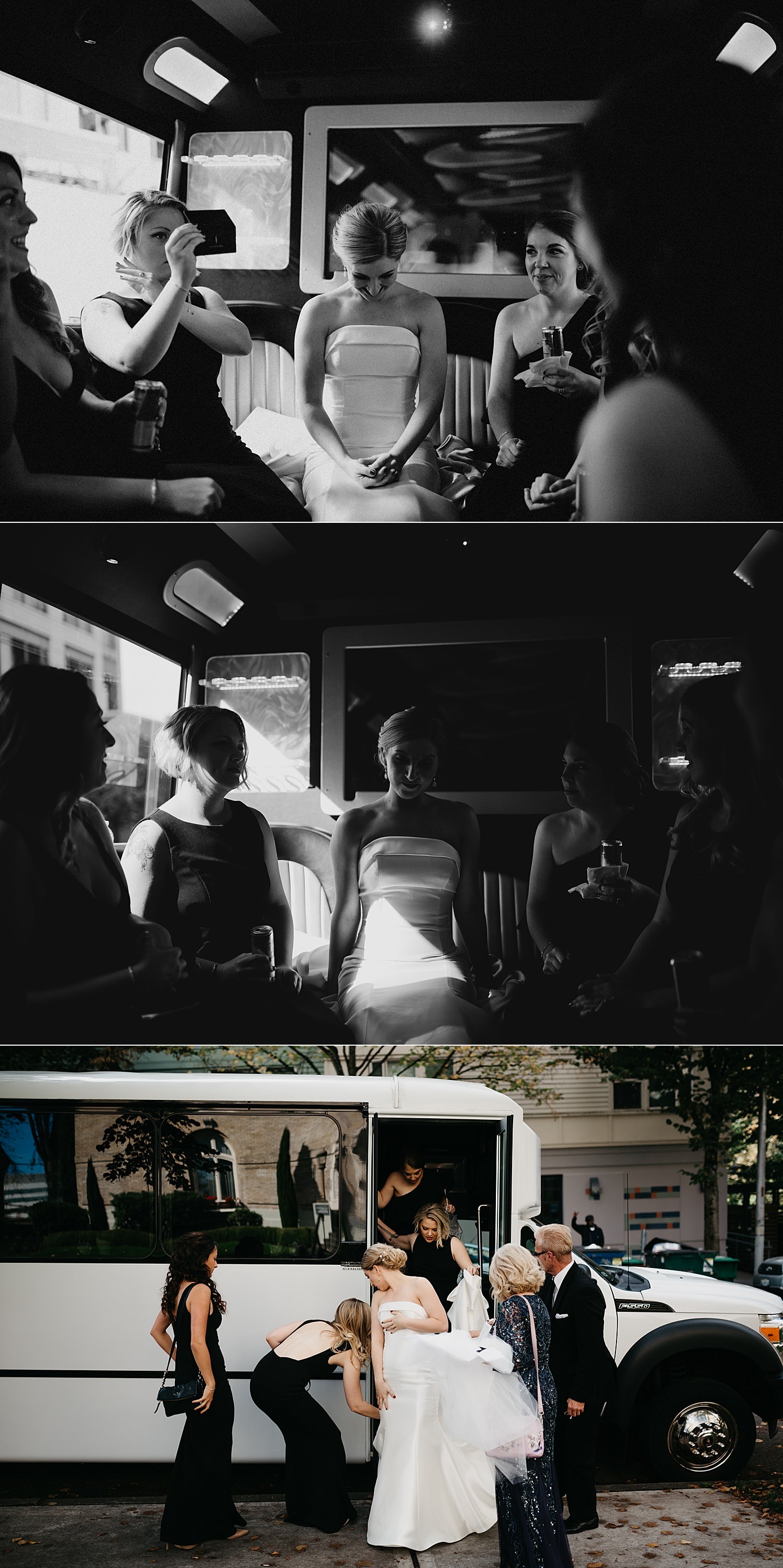 bride in the party bus with her bridesmaids 415 Westlake Wedding by Marcela Pulido Seattle Wedding Photography