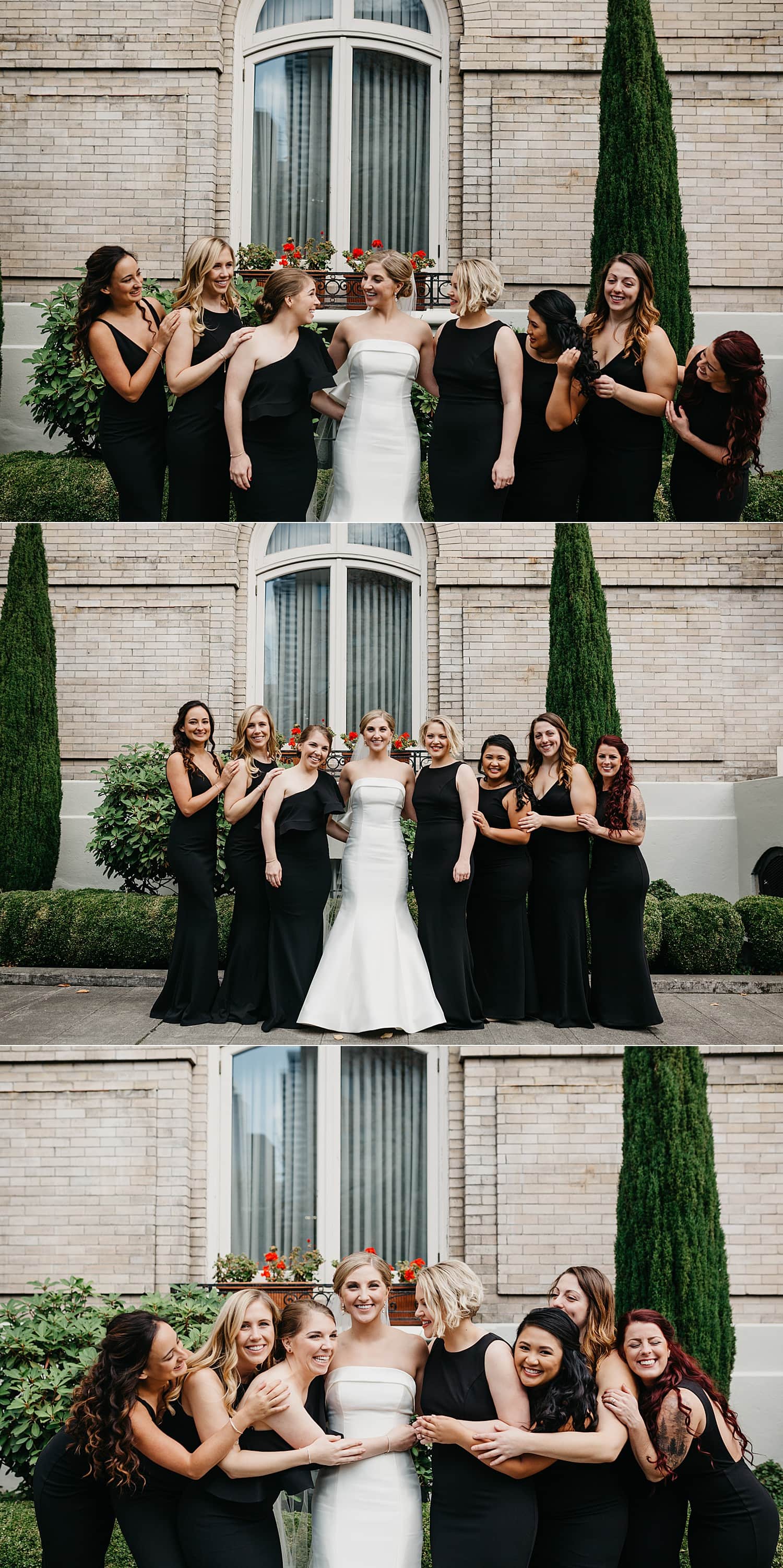 bridal party portraits of the brides with her bridesmaids wearing black 415 Westlake Wedding by Marcela Pulido Seattle Wedding Photography