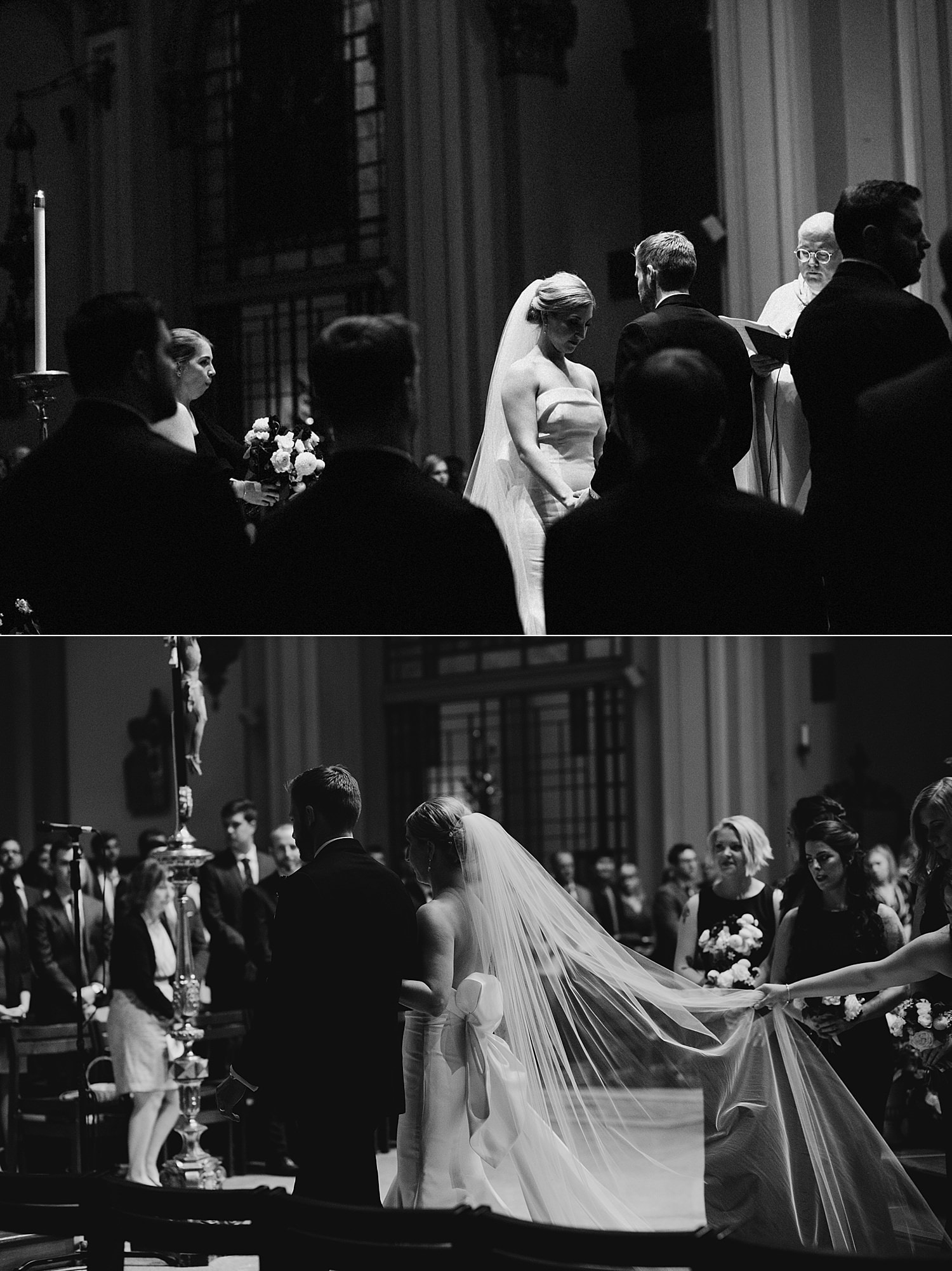 black and white portraits of the bride and groom with veil at st james cathedral during their catholic wedding ceremony 415 Westlake Wedding by Marcela Pulido Seattle Wedding Photographer