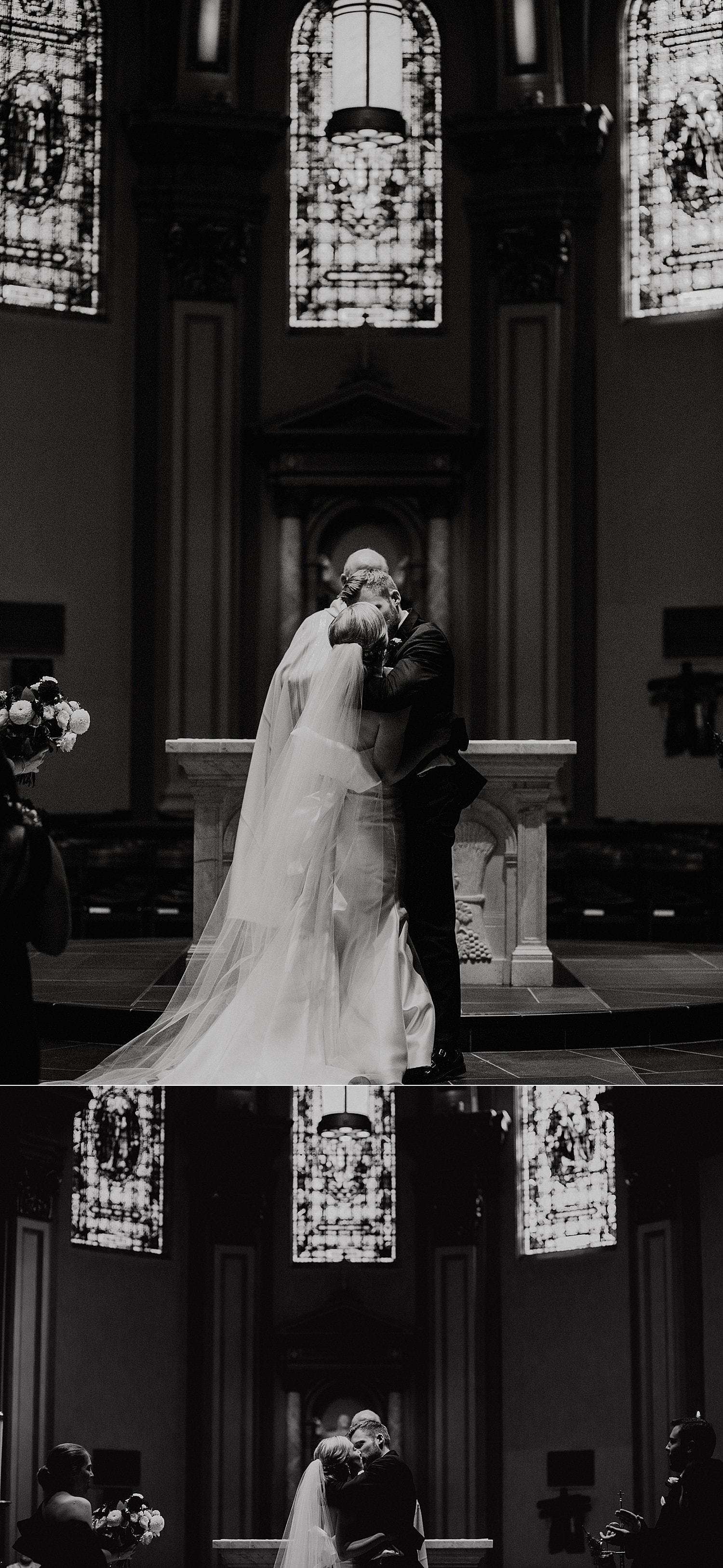 black and white first kiss at st james cathedral during their catholic wedding ceremony 415 Westlake Wedding by Seattle Wedding Photographer Marcela Pulido