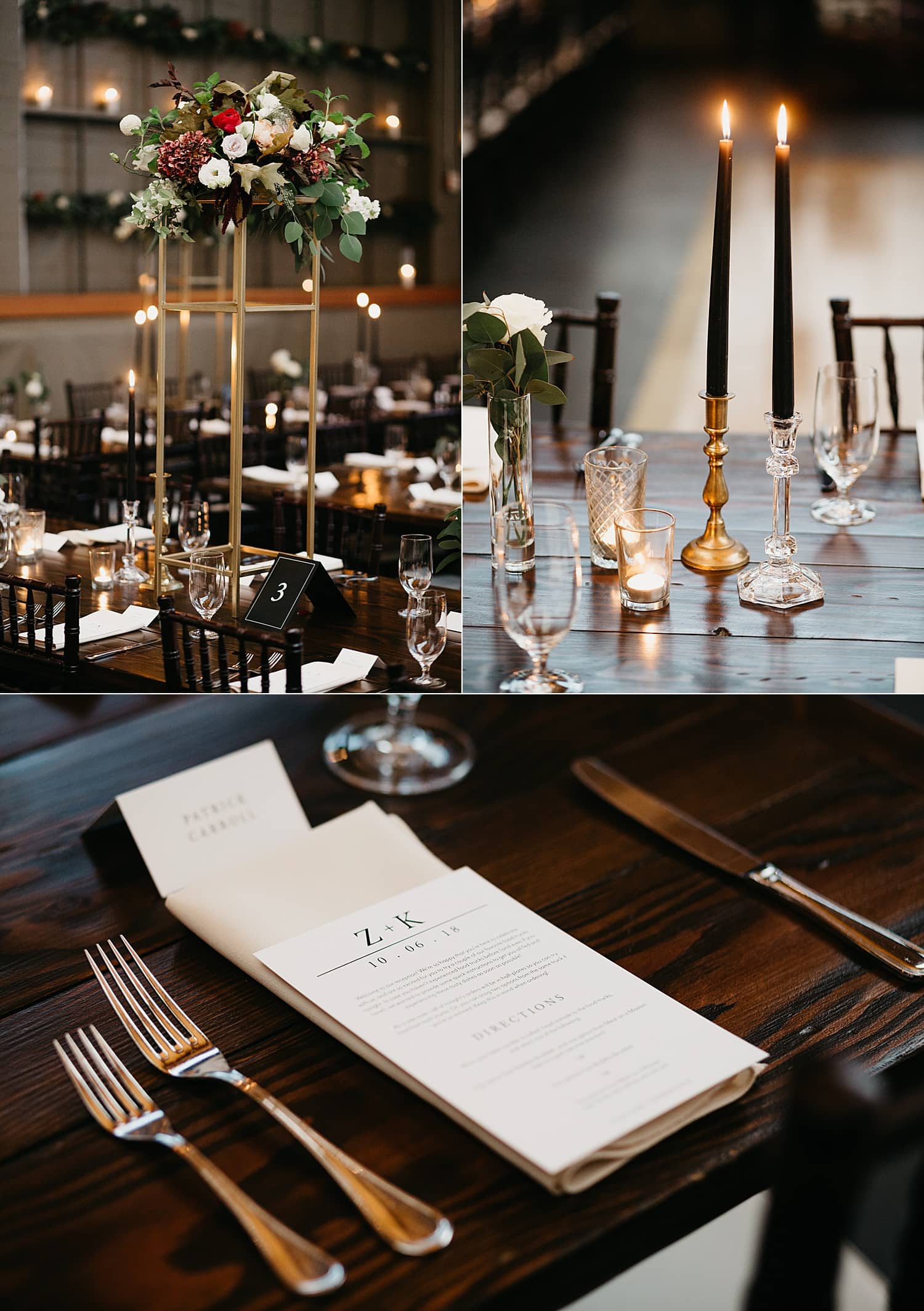 detail shots of the tablescape with black candles and florals at 415 Westlake Wedding by Seattle Wedding Photographer Marcela Pulido