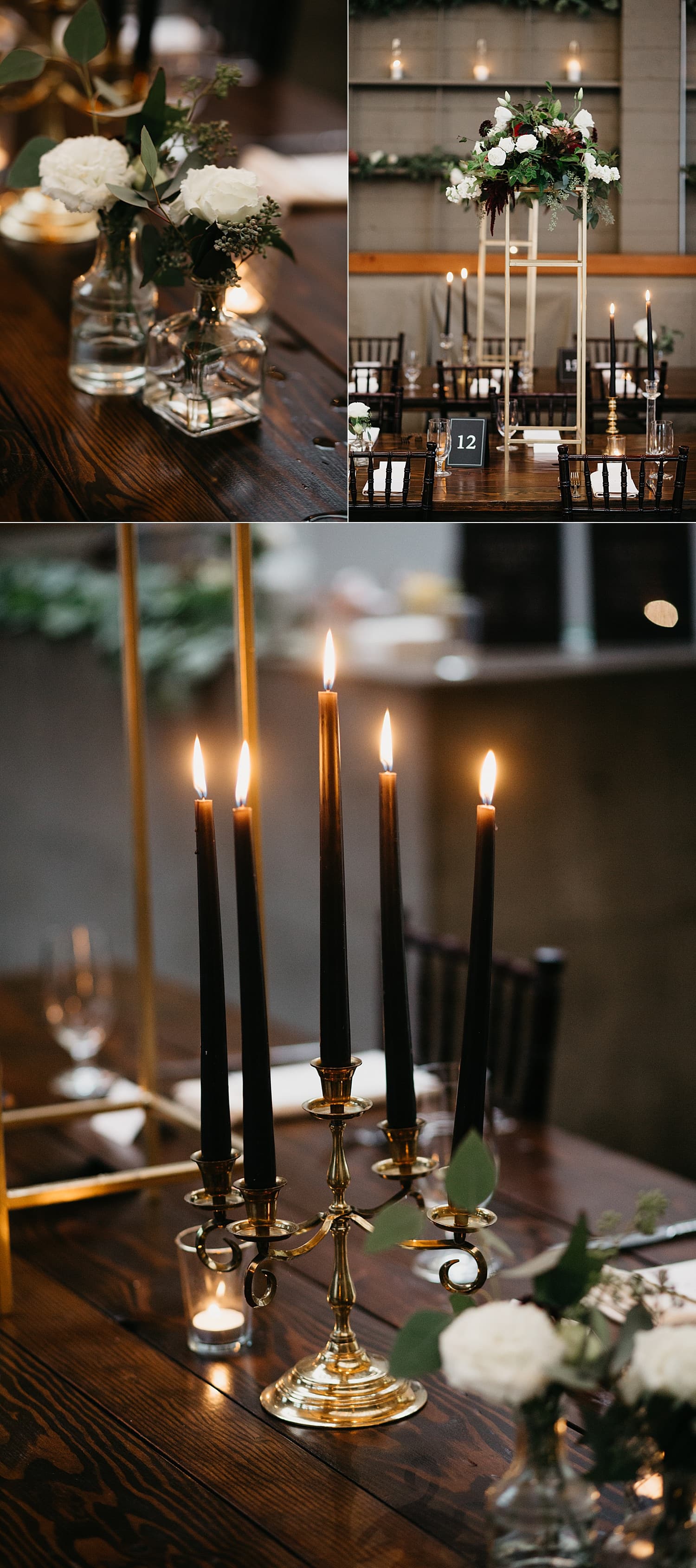 black candle wedding tablescape with florals 415 Westlake Wedding by Seattle Wedding Photographer Marcela Pulido