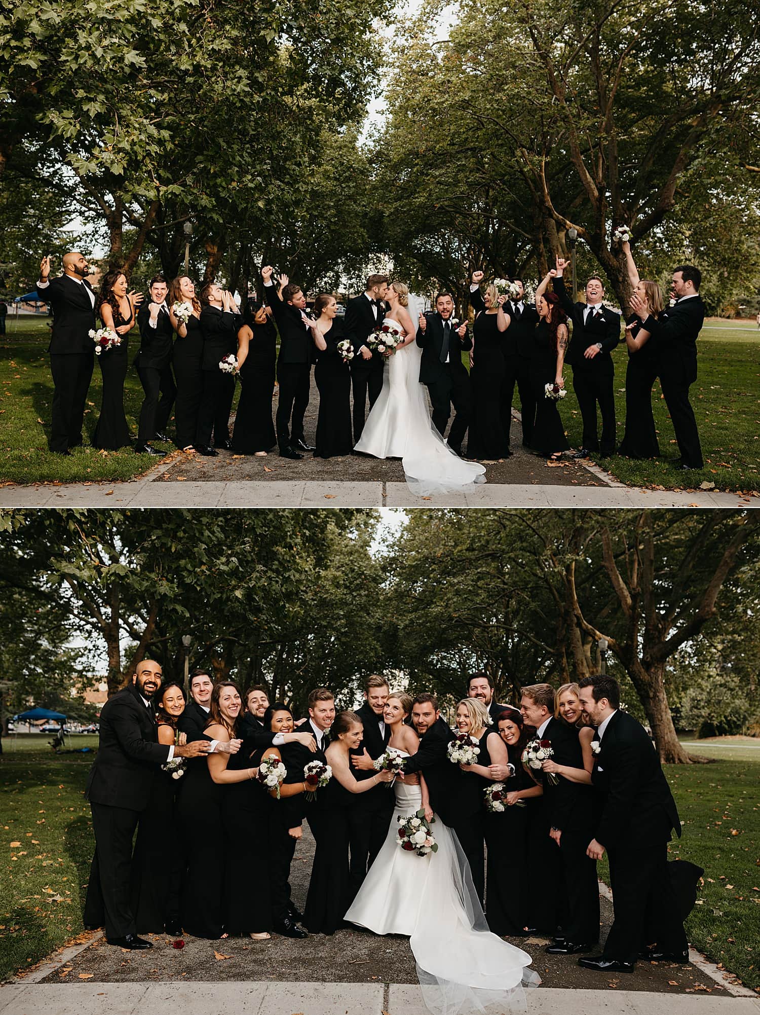 group portraits of the bridal party wearing black at Green Lake 415 Westlake Wedding by Seattle Wedding Photographer Marcela Pulido