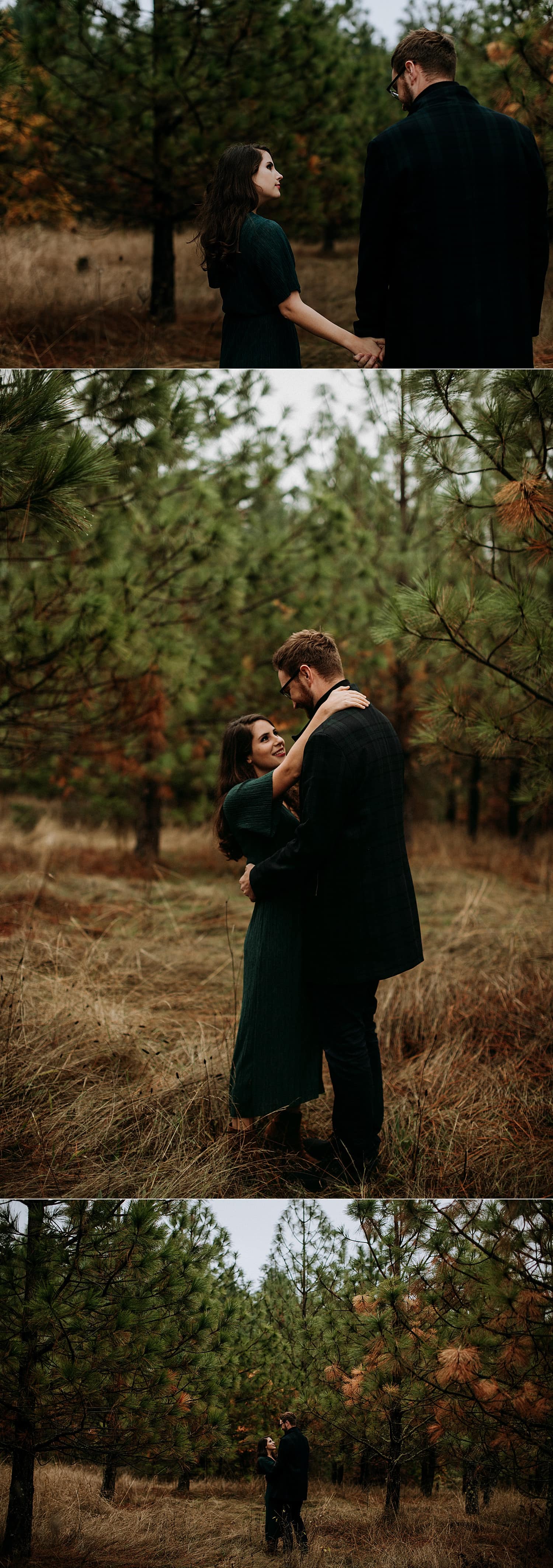 cute couple girl in green dress staring at each other for their Cooper Mountain Engagement session by Portland engagement photographer Marcela Pulido
