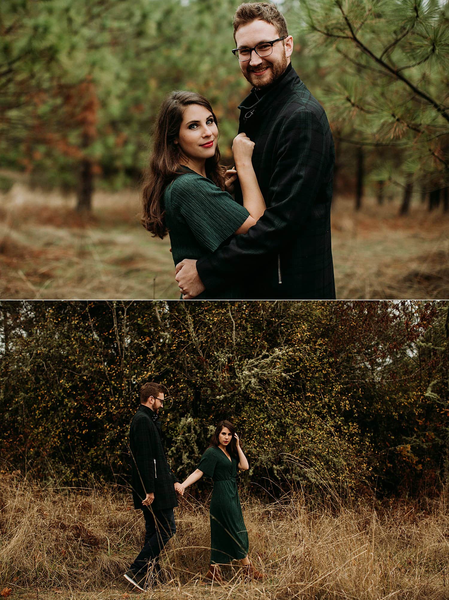 fashionable couple walking through the forest Cooper Mountain Engagement session by Portland engagement photographer Marcela Pulido