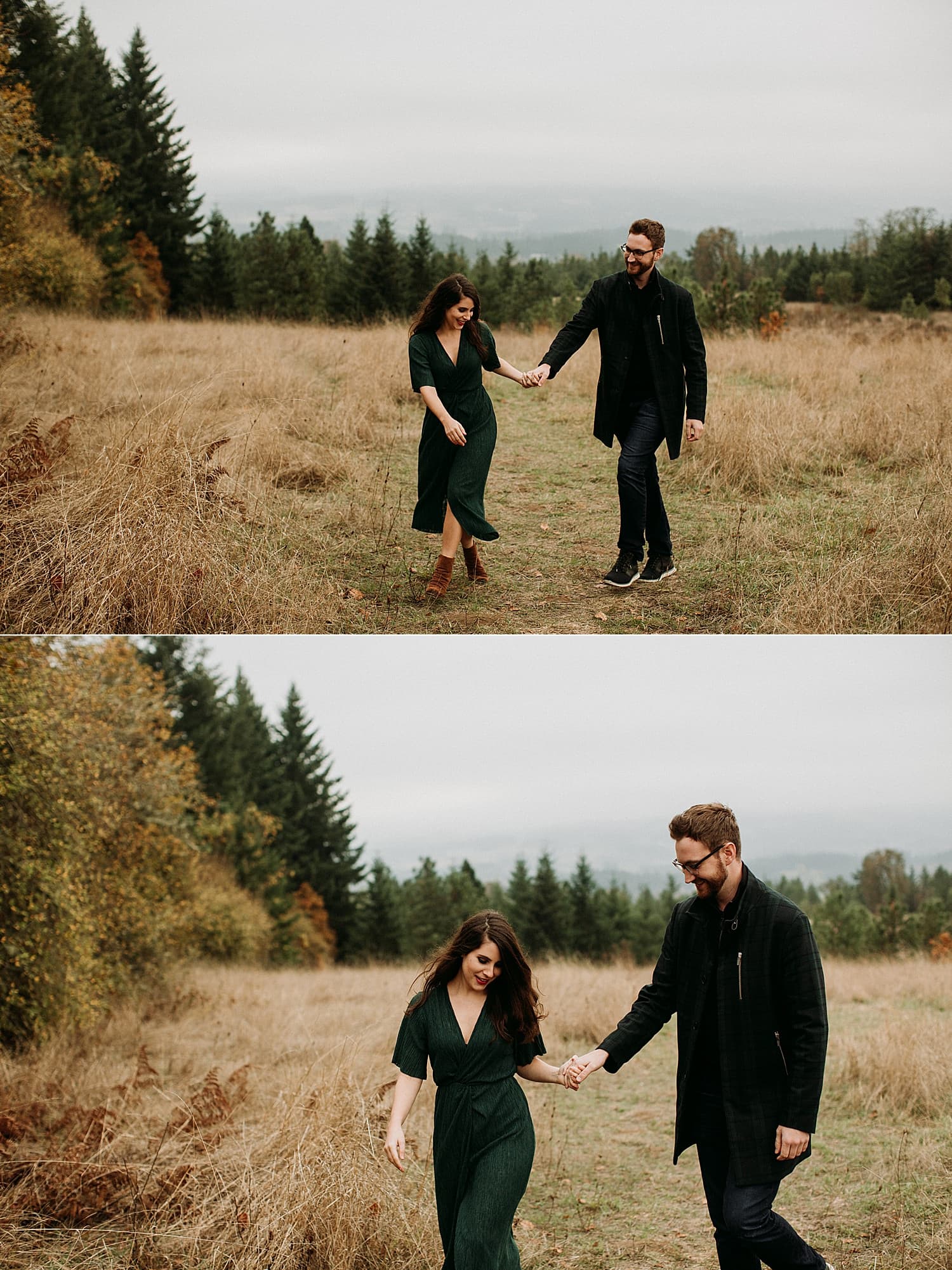 fashionable couple girl wearing green maxi dress and brown boots Cooper Mountain Engagement session by Portland engagement photographer Marcela Pulido