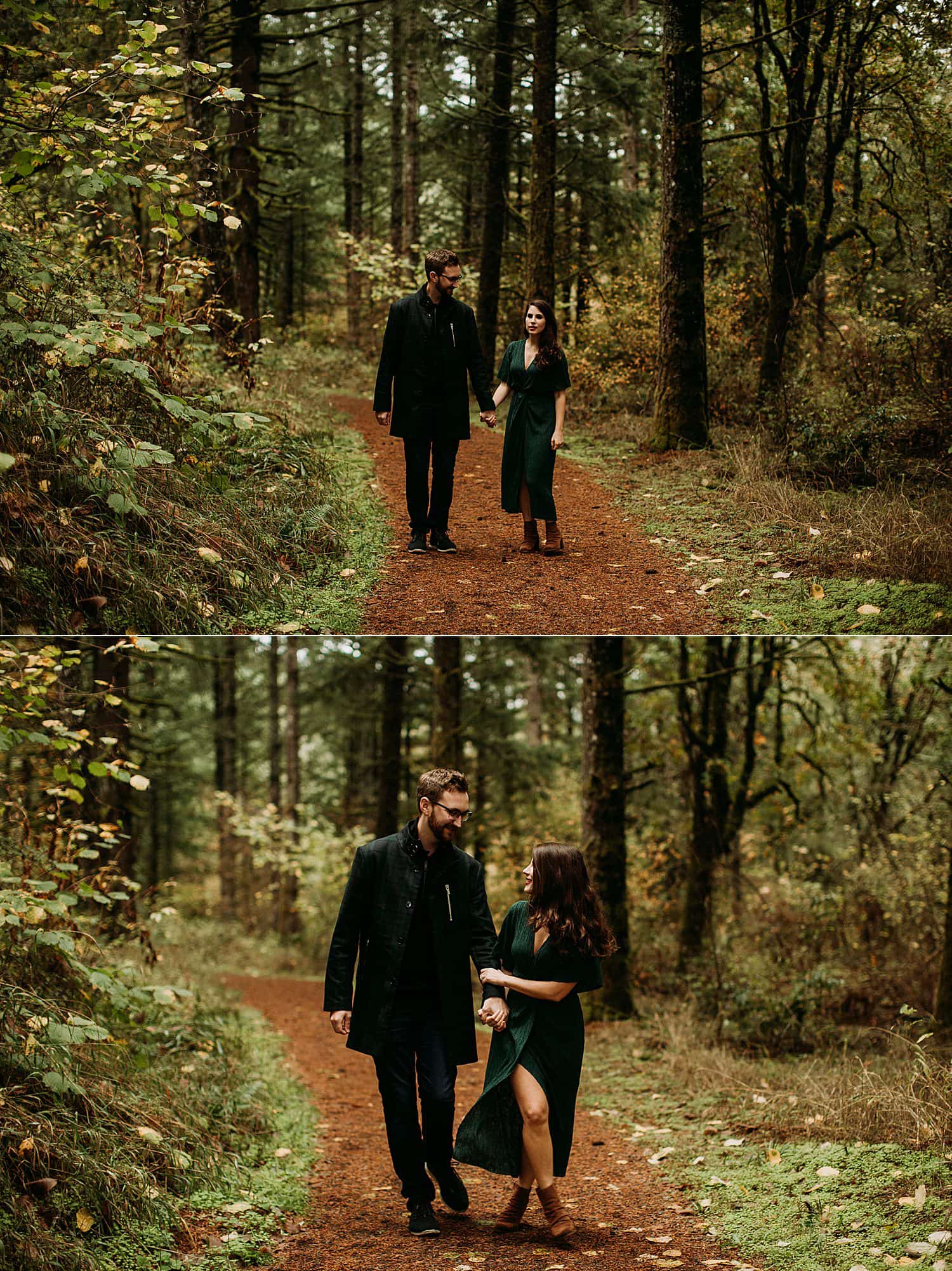 fashionable cute couple walking in the forest Cooper Mountain Engagement session by Portland engagement photographer Marcela Pulido