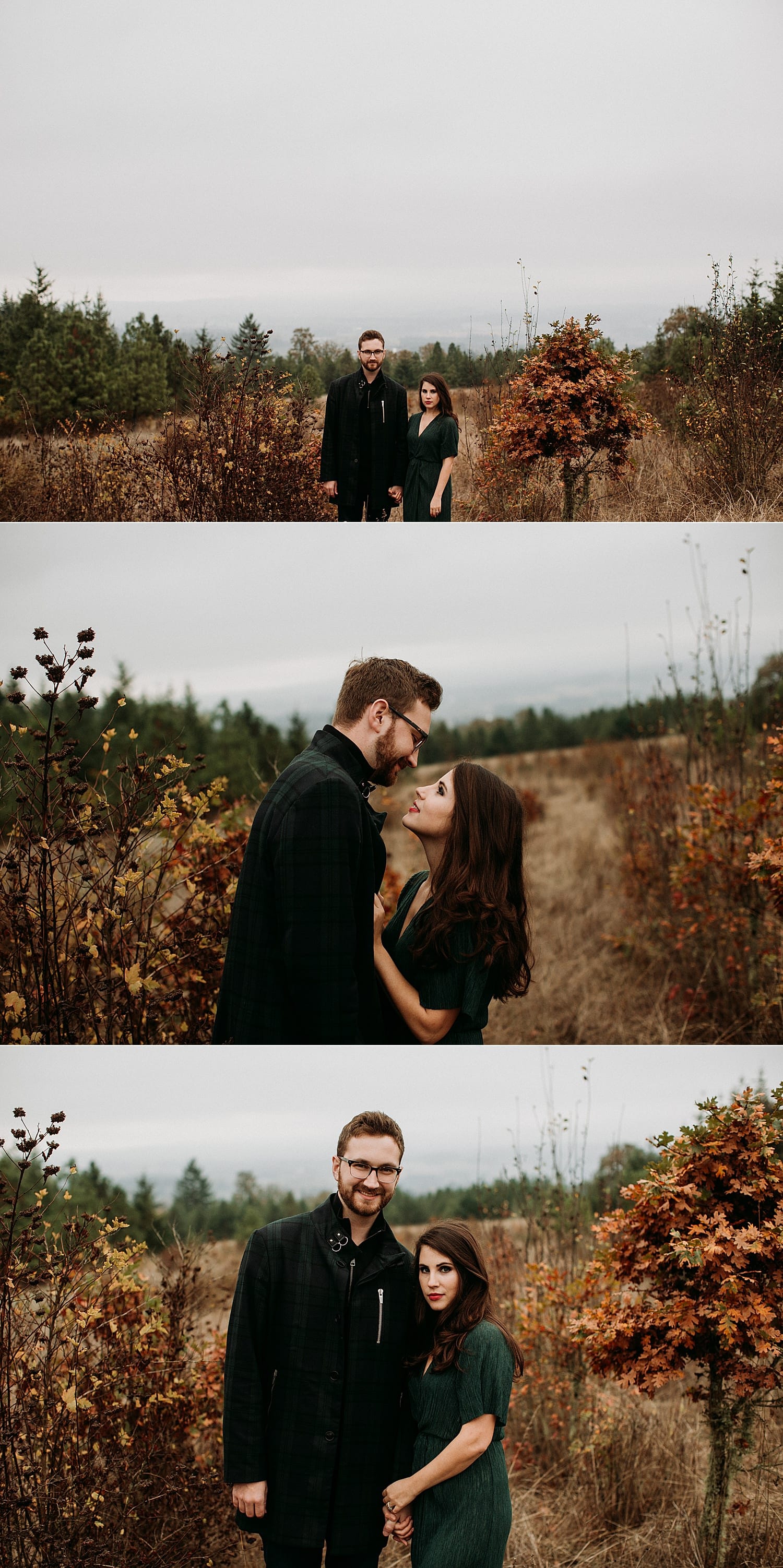american gothic inspired pose with a view Cooper Mountain Engagement session by Portland engagement photographer Marcela Pulido