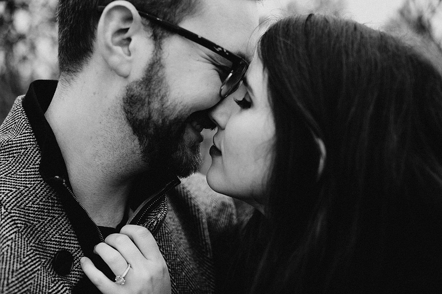 black and white romantic and intimate portrait of a couple almost kissing Cooper Mountain Engagement session by Portland engagement photographer Marcela Pulido