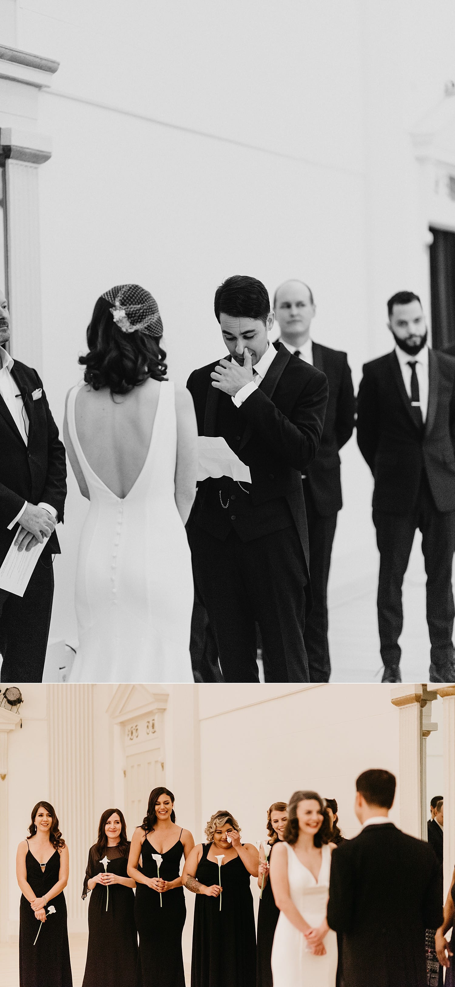 black and white photos of groom and bridesmaids crying during wedding ceremony Melody Ballroom wedding by Marcela Pulido Photography