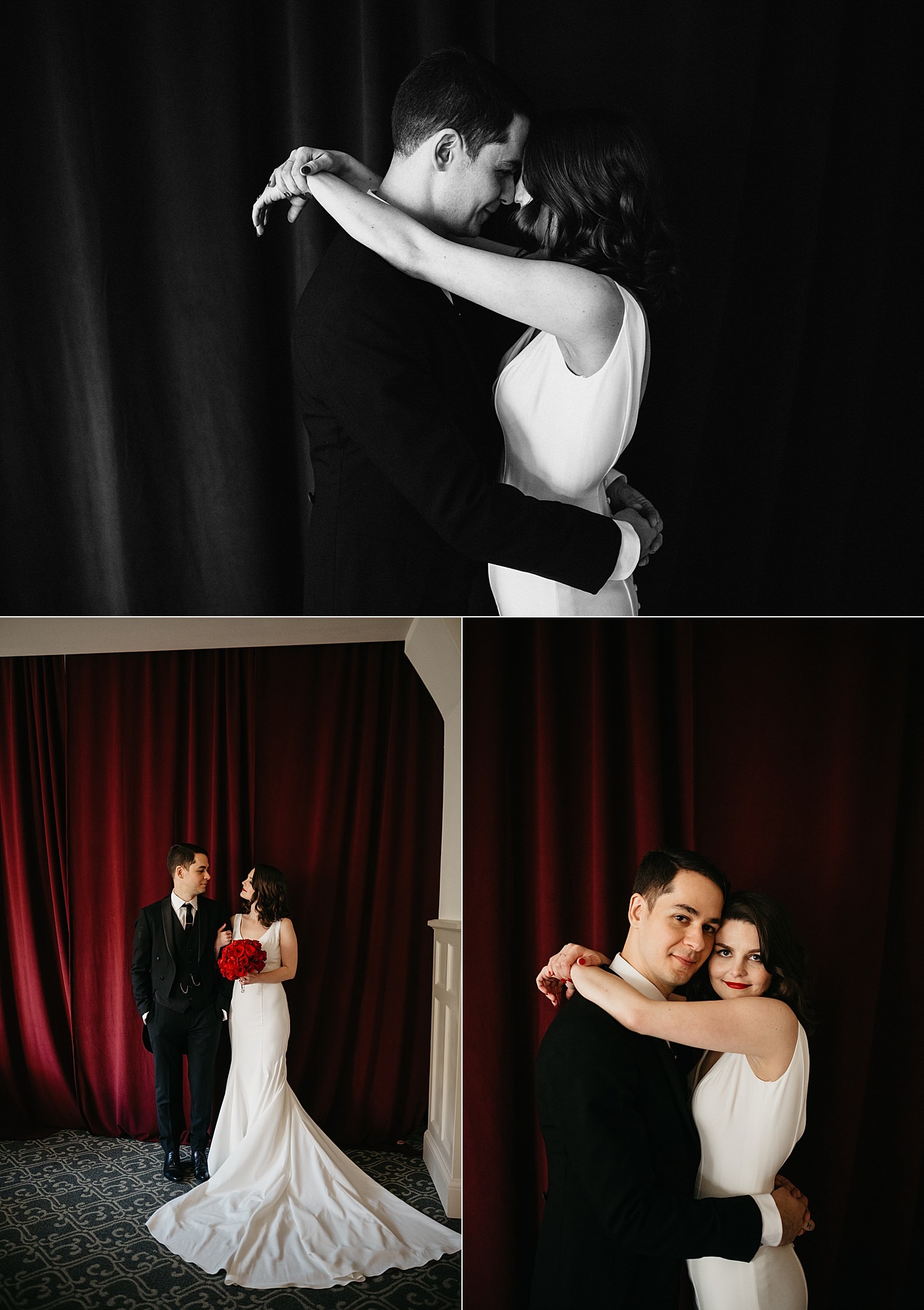 portraits of a bride and groom in front of red velvet curtain Melody Ballroom wedding by Marcela Pulido Photography