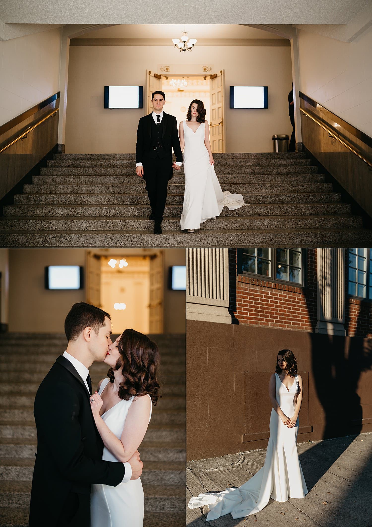 beautiful and elegant portraits of a newlywed couple walking down stairs Melody Ballroom wedding by Marcela Pulido Photography