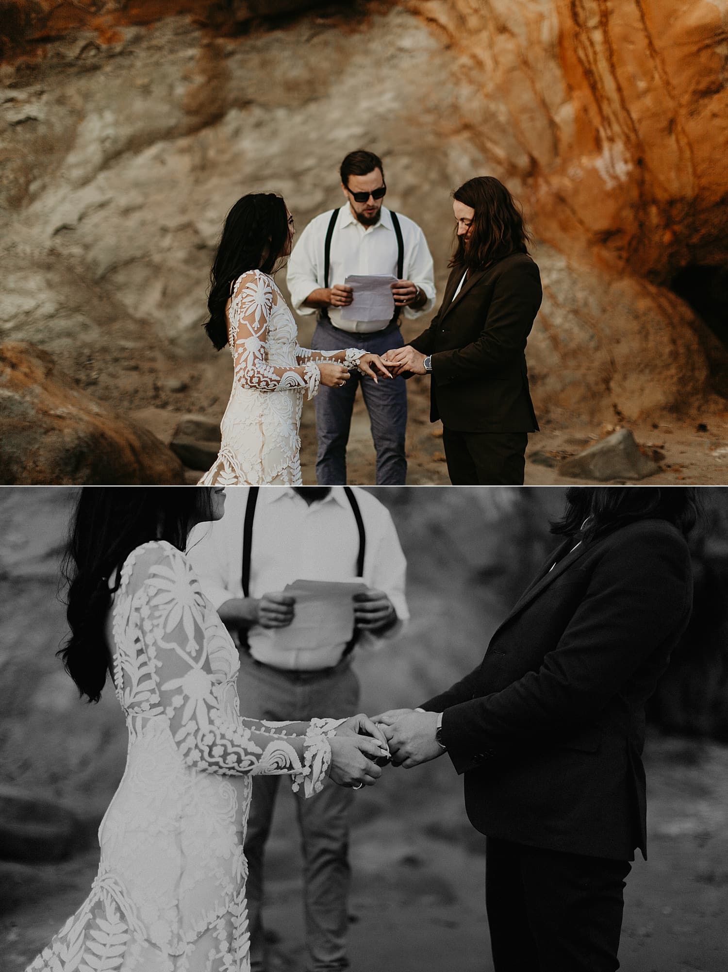 details of bride and groom holding hands for their wedding ceremony cape kiwanda elopement by marcela pulido portland oregon wedding photography