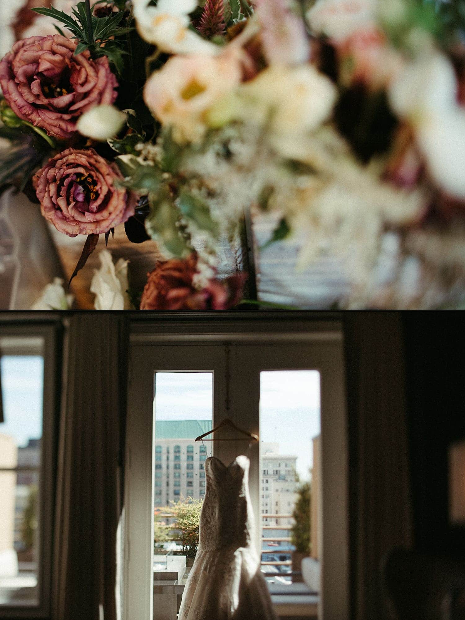 brides wedding dress hanging on the window of the sentinel hotel and her bouquet of flowers by marcela pulido photography portland wedding photographer