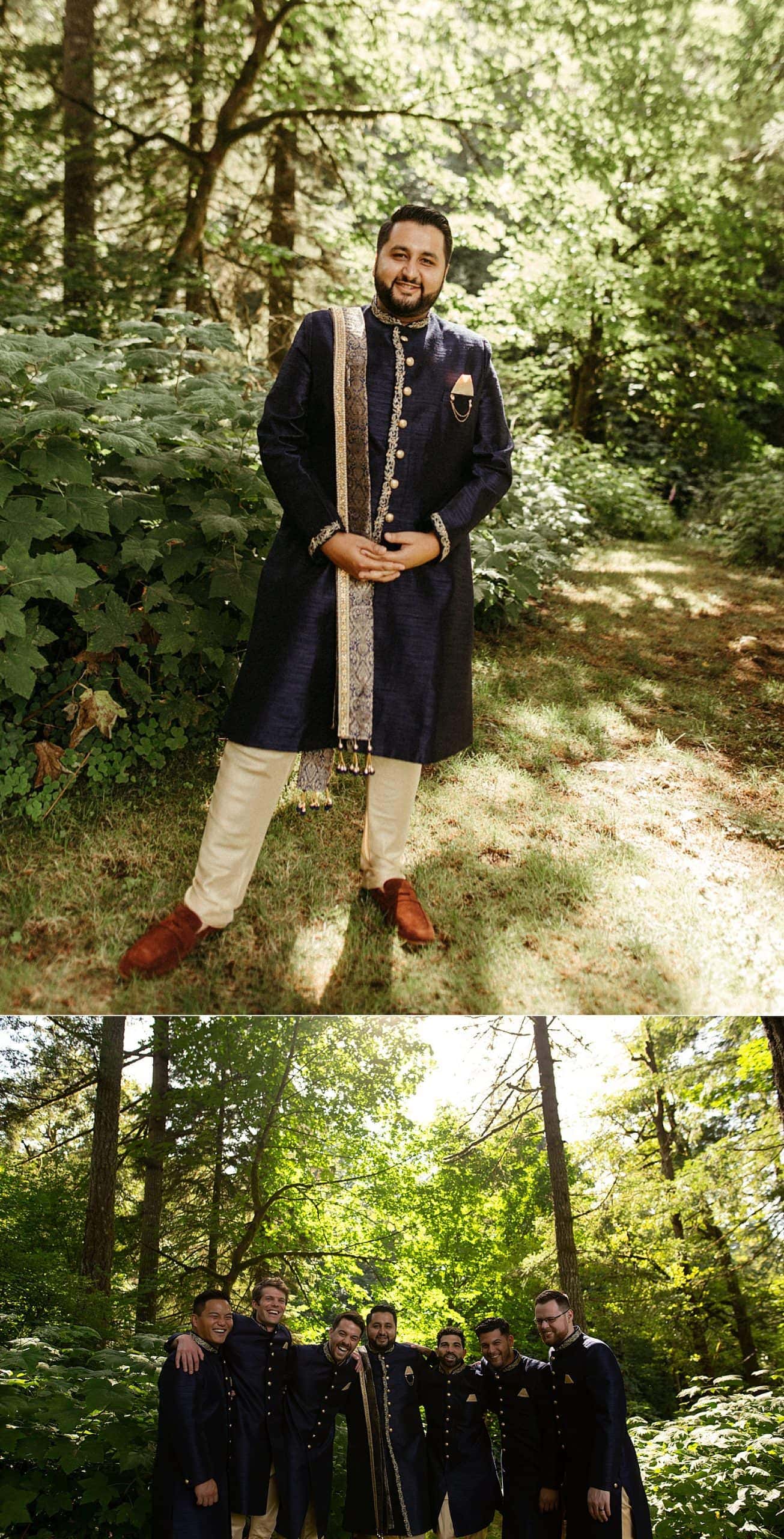 groom wearing his navy blue kurta in the forest surrounded by his groomsmen by marcela pulido photography portland wedding photographer