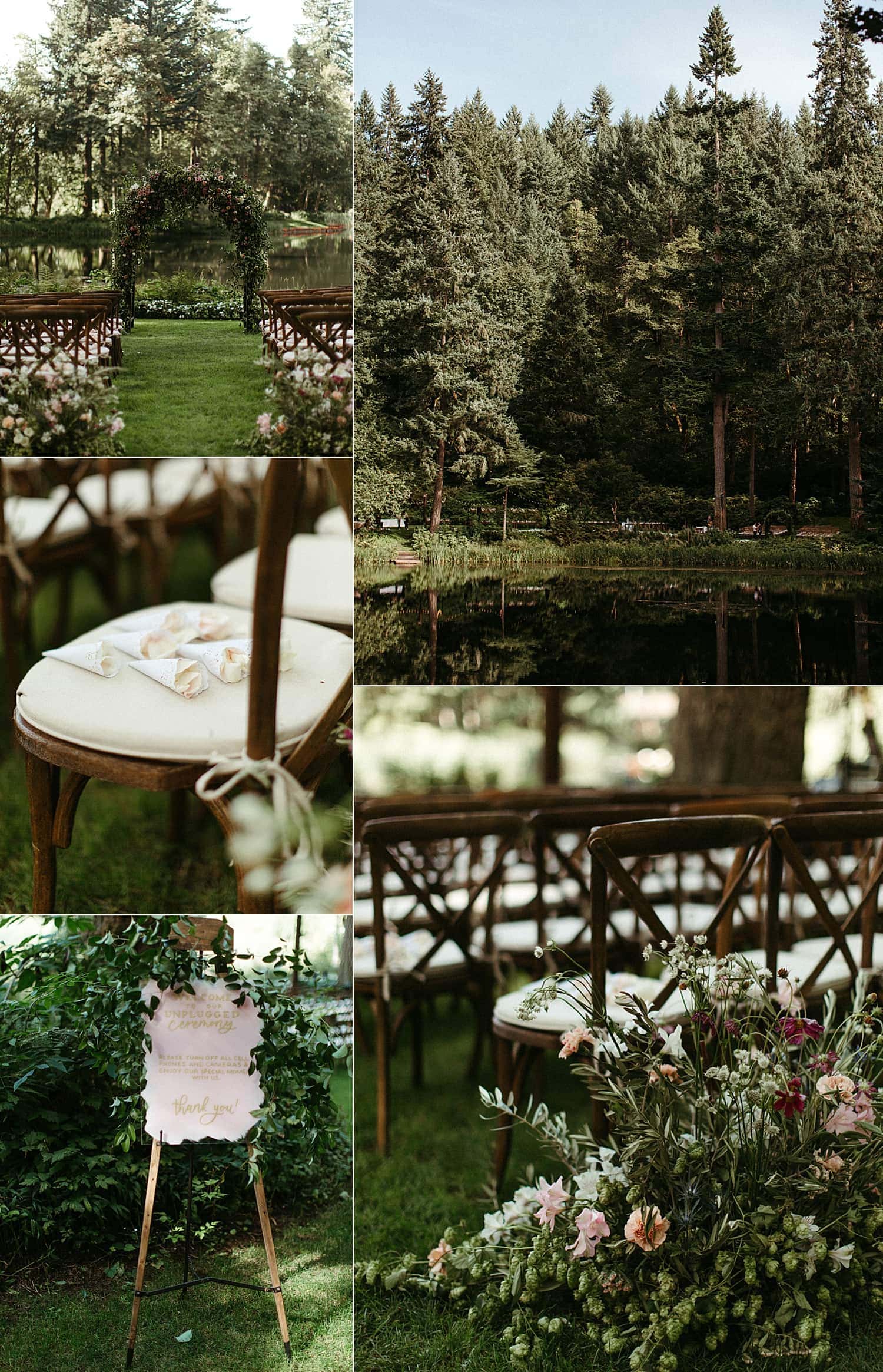 rustic and elegant detail shots of bridal veil lakes wedding venue for the ceremony by marcela pulido photography portland wedding photographer