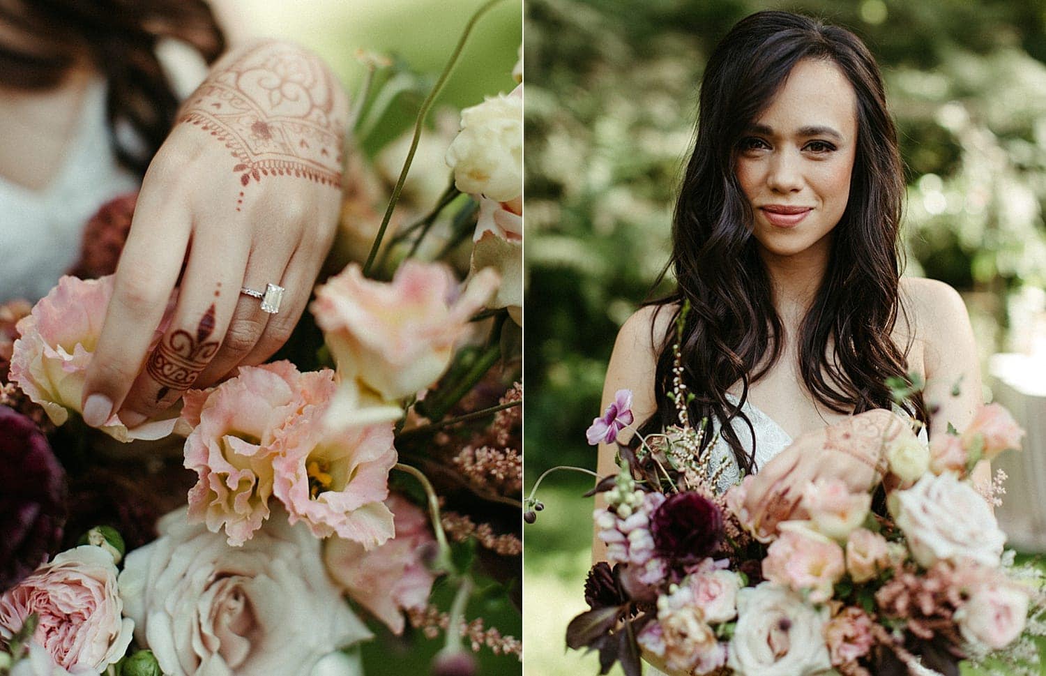 close up shot of henna bride hands on her bouquet and portrait of the bride at bridal veil lakes wedding venue by marcela pulido photography portland wedding photographer