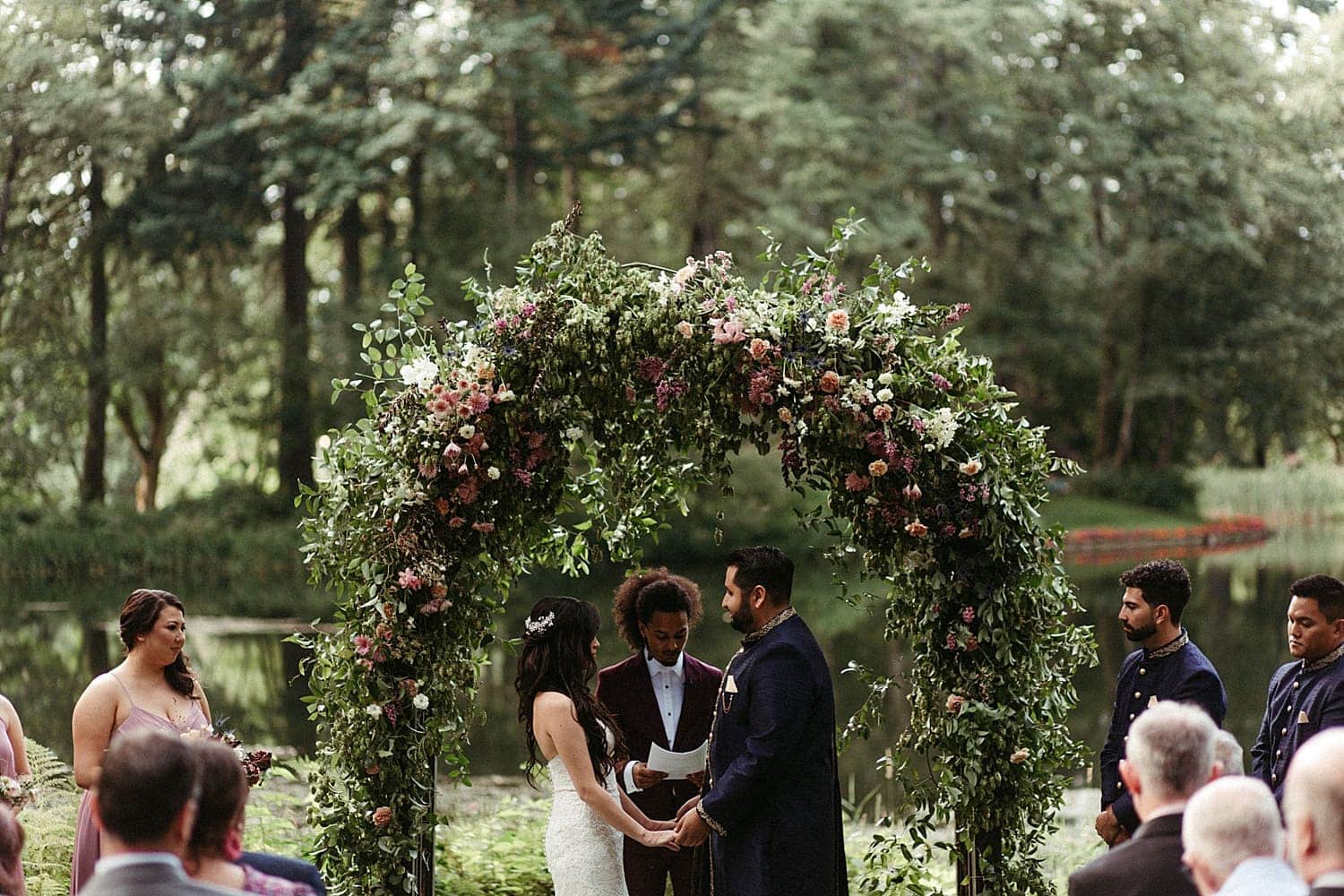 romantic and dreamy ceremony portrait at bridal veil lakes by marcela pulido photography portland wedding photographer