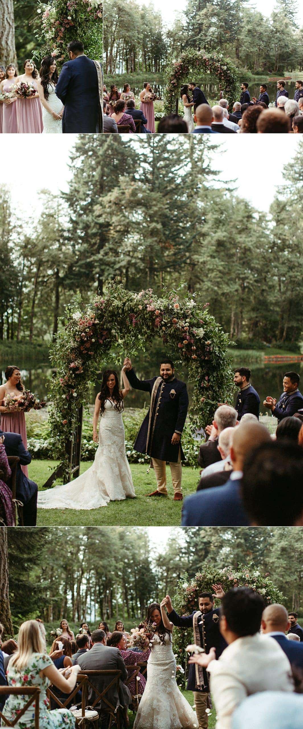 happy just married newlyweds at bridal veil lakes wedding venue by marcela pulido photography portland wedding photographer
