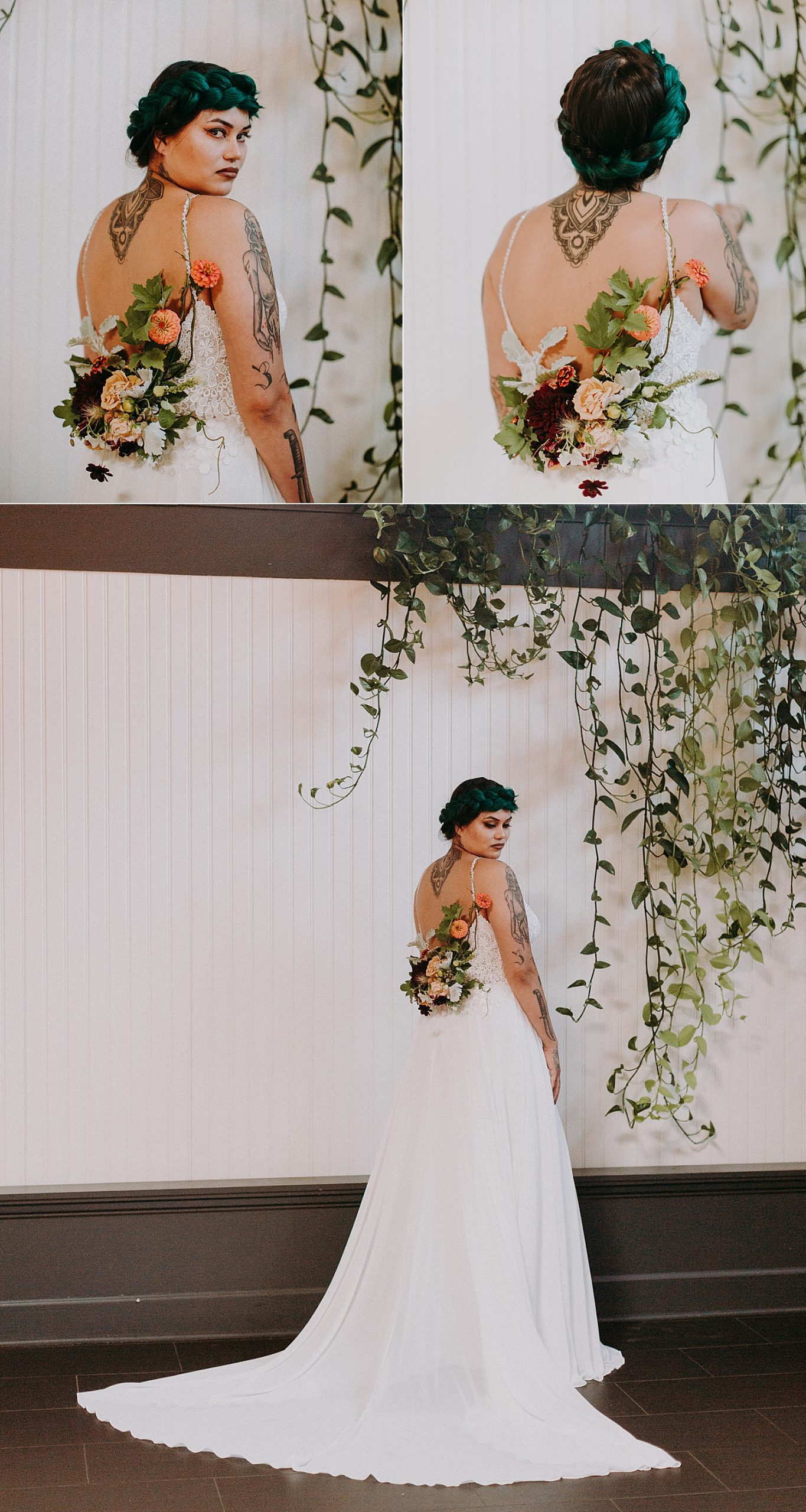 edgy tattoo green haired bride portrait on her wedding day by marcela pulido photography portland wedding photographer