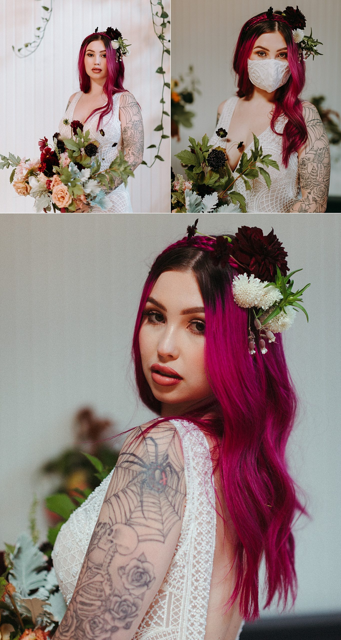 edgy tattoo pink haired bride portrait on her wedding day by marcela pulido photography portland wedding photographer