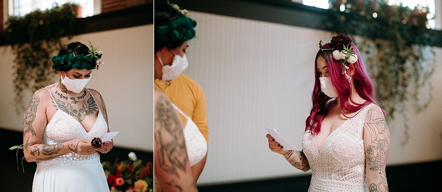 romantic beautiful pink and green haired tattooed mexican lesbian brides on their wedding day by marcela pulido photography portland wedding photographer