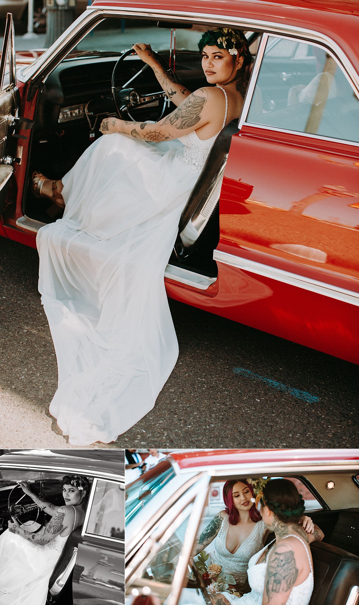beautiful edgy pink and green haired tattoo mexican brides posing next to a vintage car by Marcela Pulido Portland Wedding Photographer