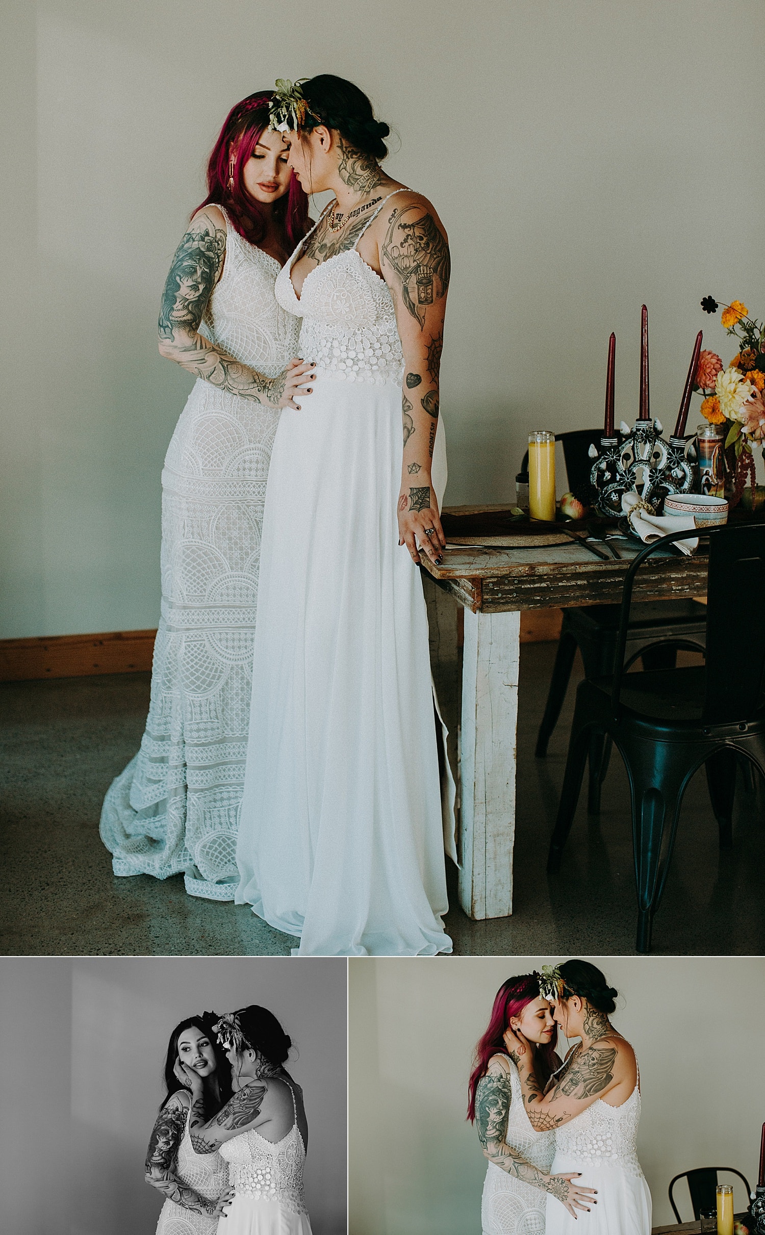 edgy pink and green haired lesbian brides embracing on their wedding day photographed by Marcela Pulido Photographer Portland Wedding Photography