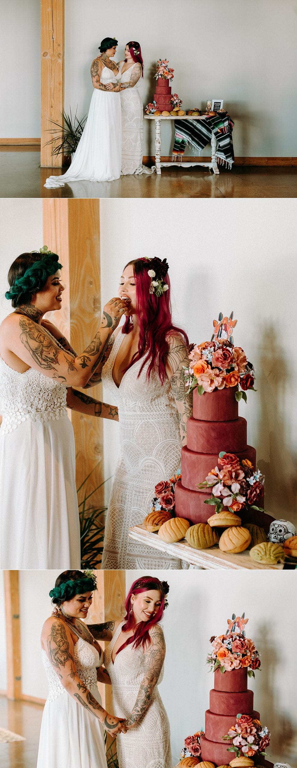 beautifully stunning edgy same sex lesbian brides with tattoos and green and red hair feeding each other cake on their wedding day photographed by Marcela Pulido Photographer Portland Wedding Photography