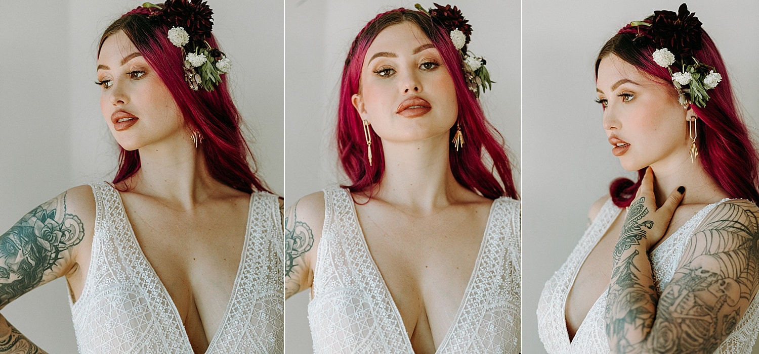 gorgeous pink haired tattooed bride on her wedding day with flowers in her hair photographed by Marcela Pulido Photographer Portland Wedding Photography