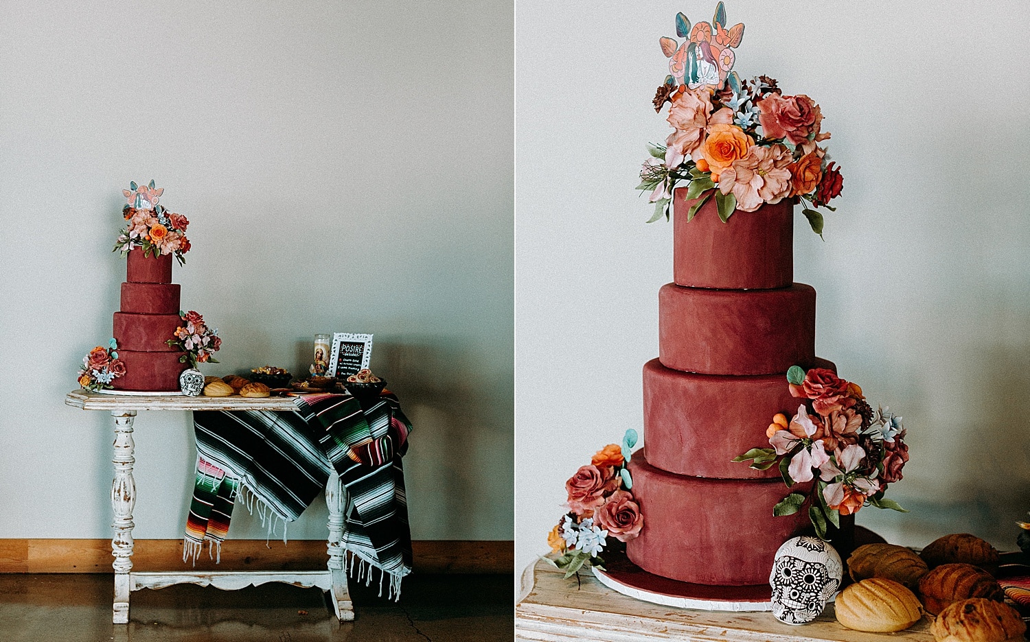 mexican style dessert table with pink colorful cake with florals and same sex lesbian topper and sugar skull photographed by Marcela Pulido Photographer Portland Wedding Photography