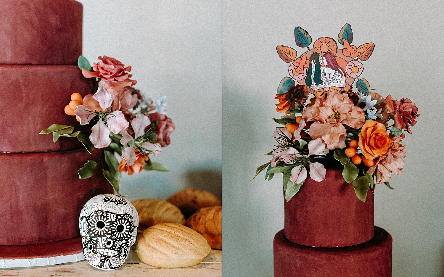 fun and colorful pink wedding cake with same sex lesbian topper with florals and mexican sugar skull photographed by Marcela Pulido Photographer Portland Wedding Photography
