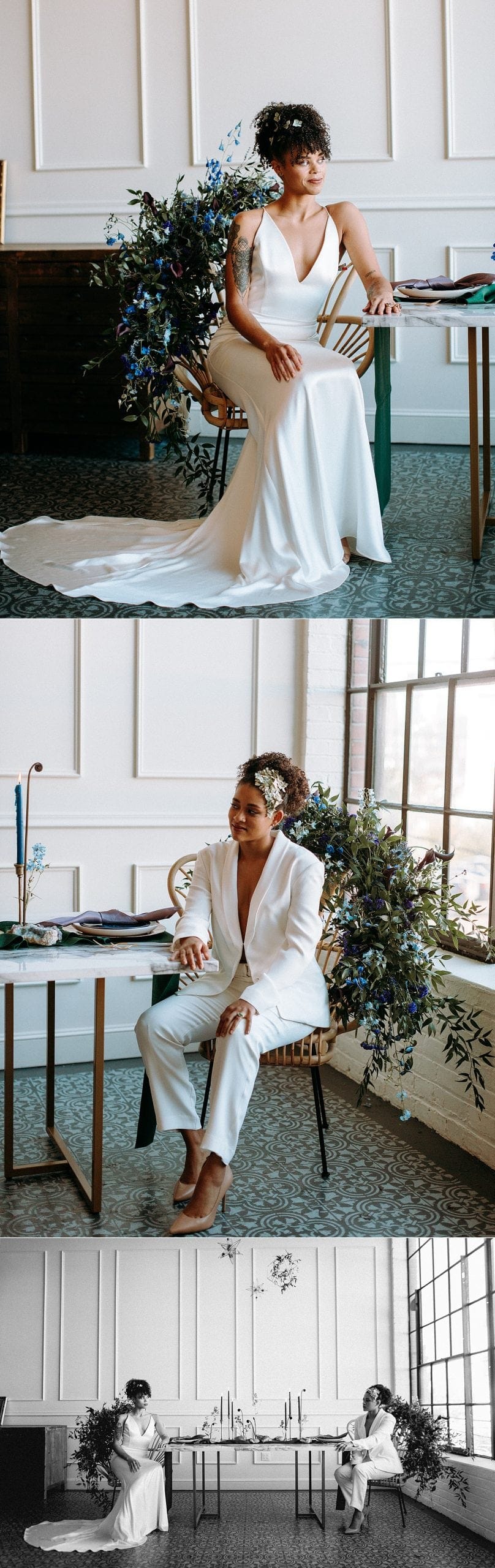beautiful same sex lesbian lgbtq+ friendly wedding couple newlywed wearing all white gown and all white feminine suit