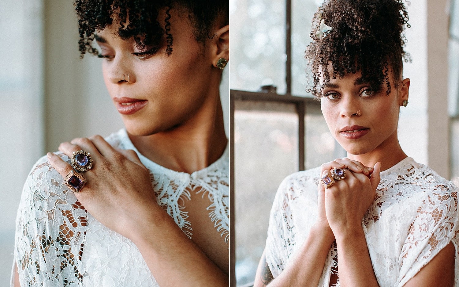 dreamy and ethereal portrait of a black bride with hazel eyes and curly hair wearing a lace cape by Claire La Faye