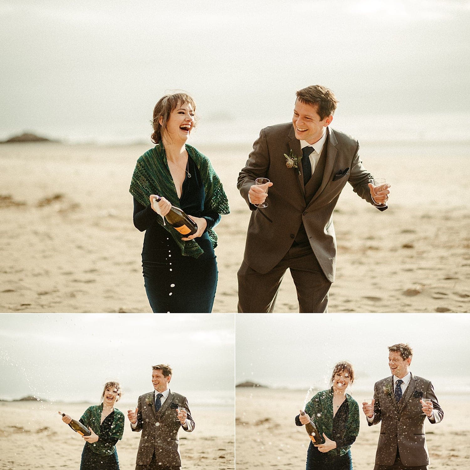 fun newlywed couple popping champagne on the oregon coast hug point elopement captured by marcela pulido photography portland oregon wedding elopement photographer